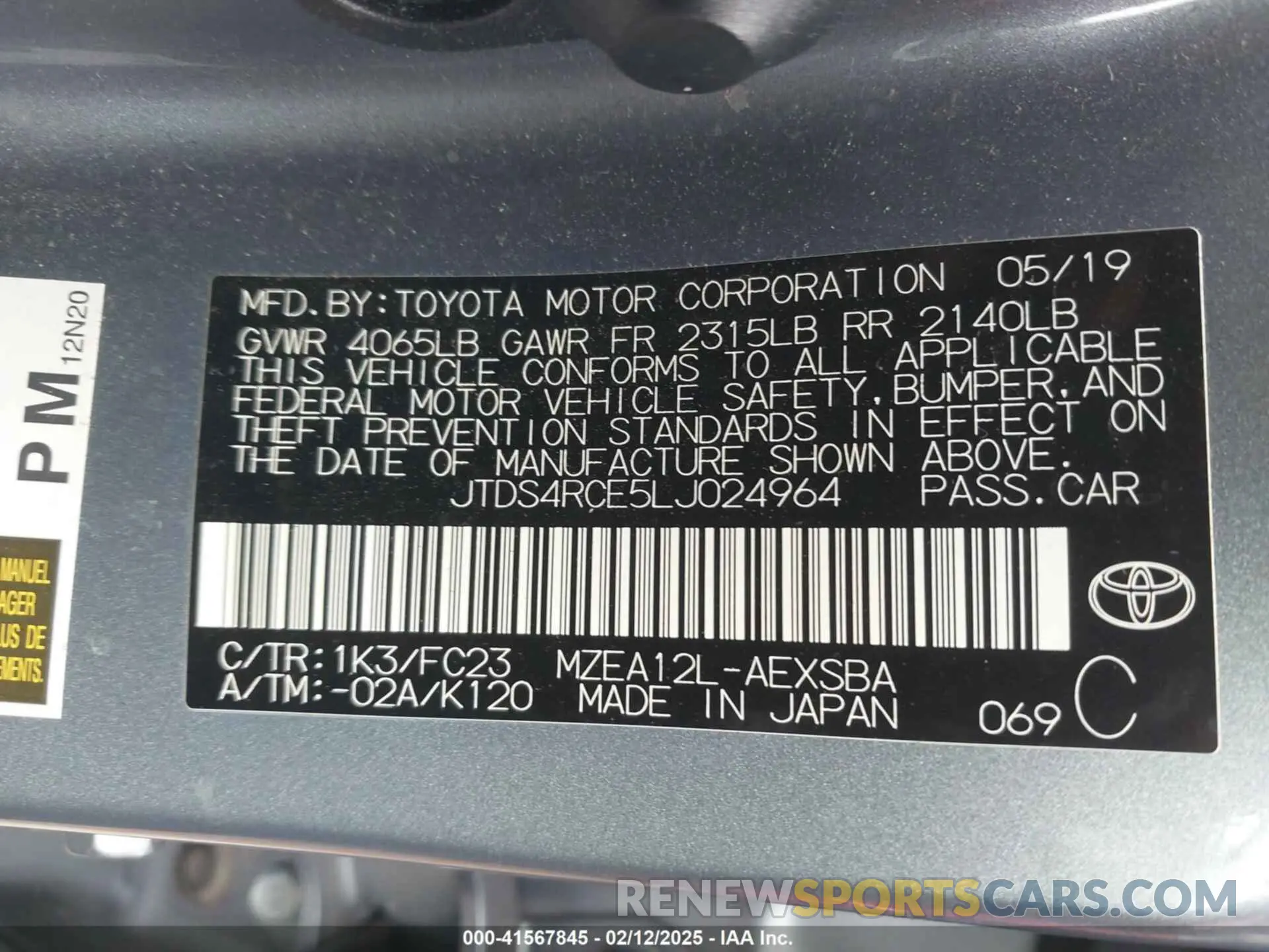 9 Фотография поврежденного автомобиля JTDS4RCE5LJ024964 TOYOTA COROLLA 2020