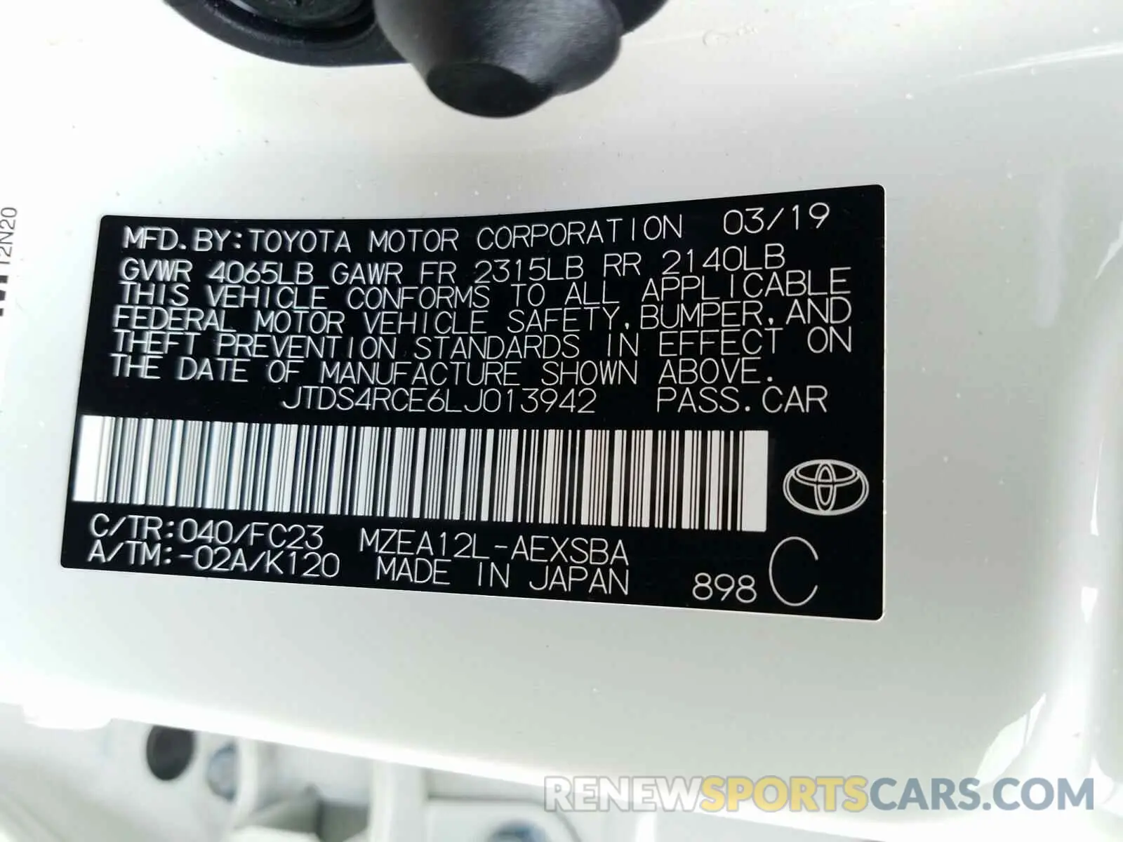 10 Photograph of a damaged car JTDS4RCE6LJ013942 TOYOTA COROLLA 2020