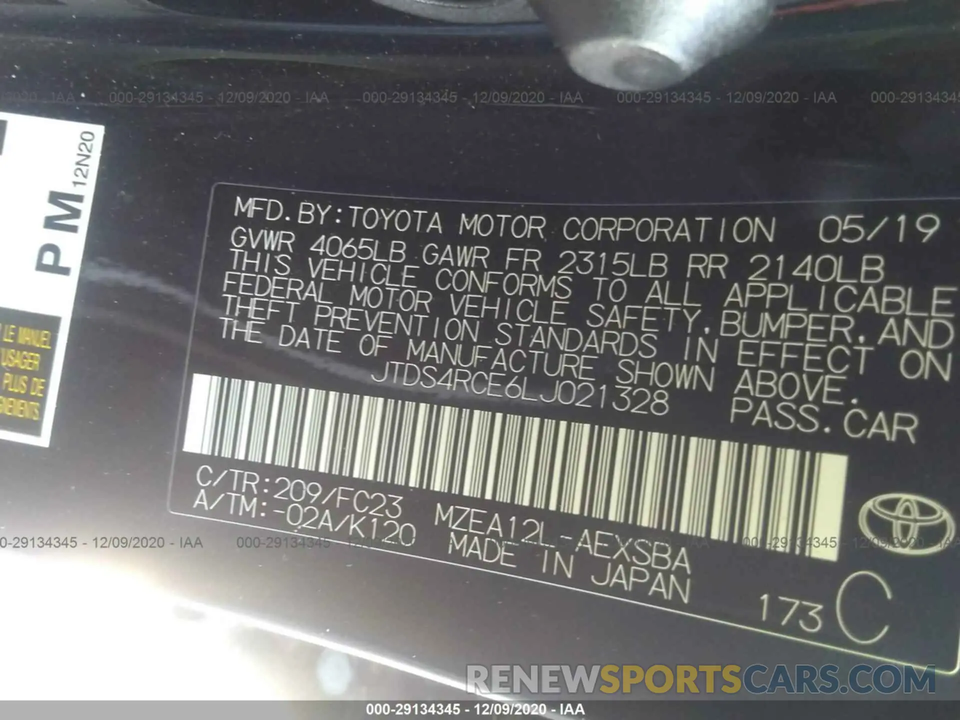 9 Photograph of a damaged car JTDS4RCE6LJ021328 TOYOTA COROLLA 2020