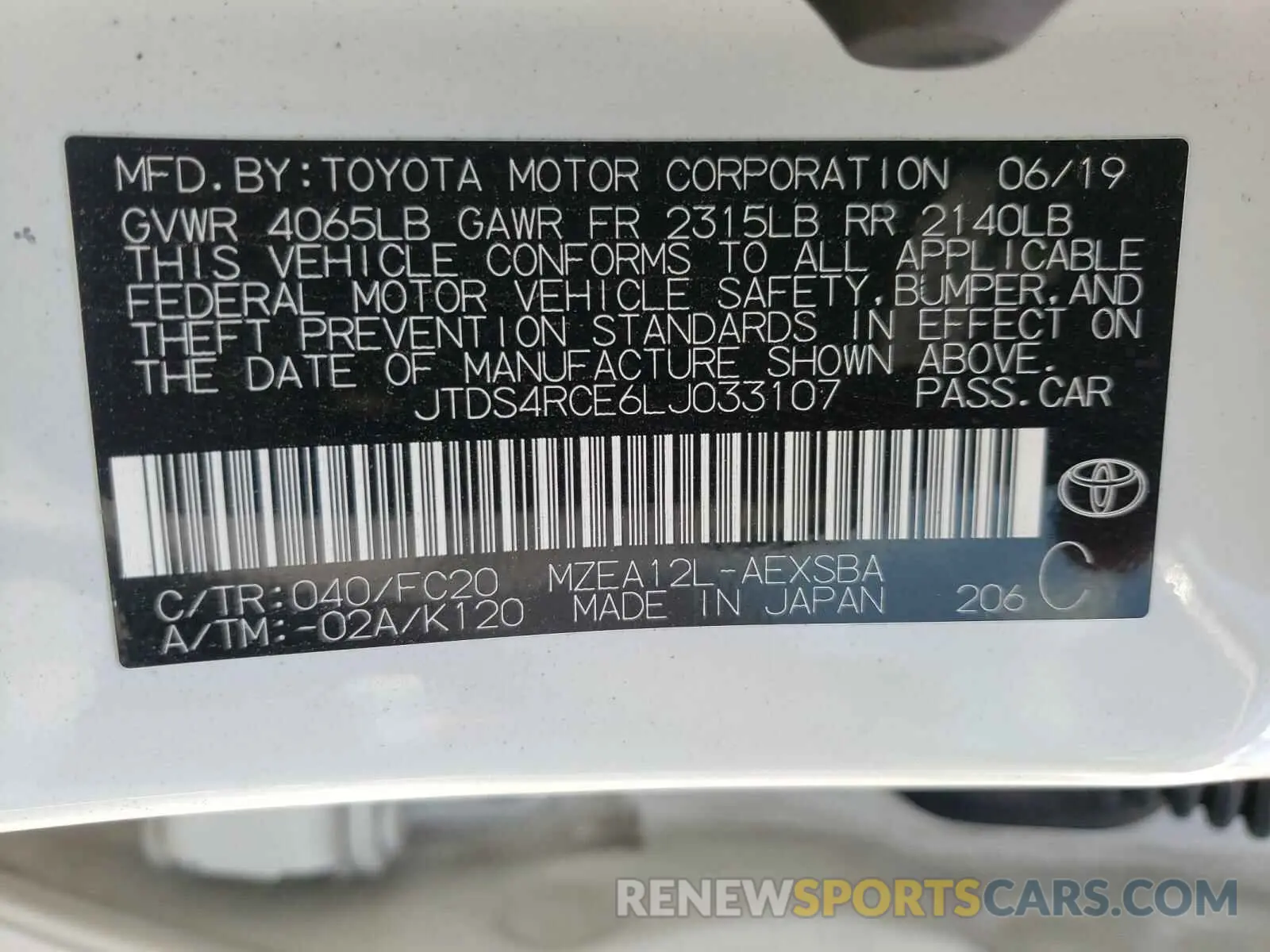 10 Photograph of a damaged car JTDS4RCE6LJ033107 TOYOTA COROLLA 2020
