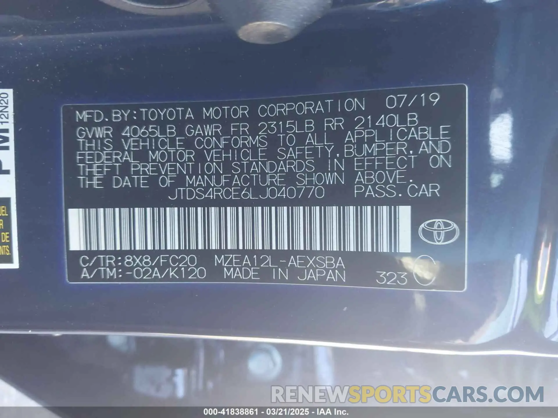 9 Фотография поврежденного автомобиля JTDS4RCE6LJ040770 TOYOTA COROLLA 2020