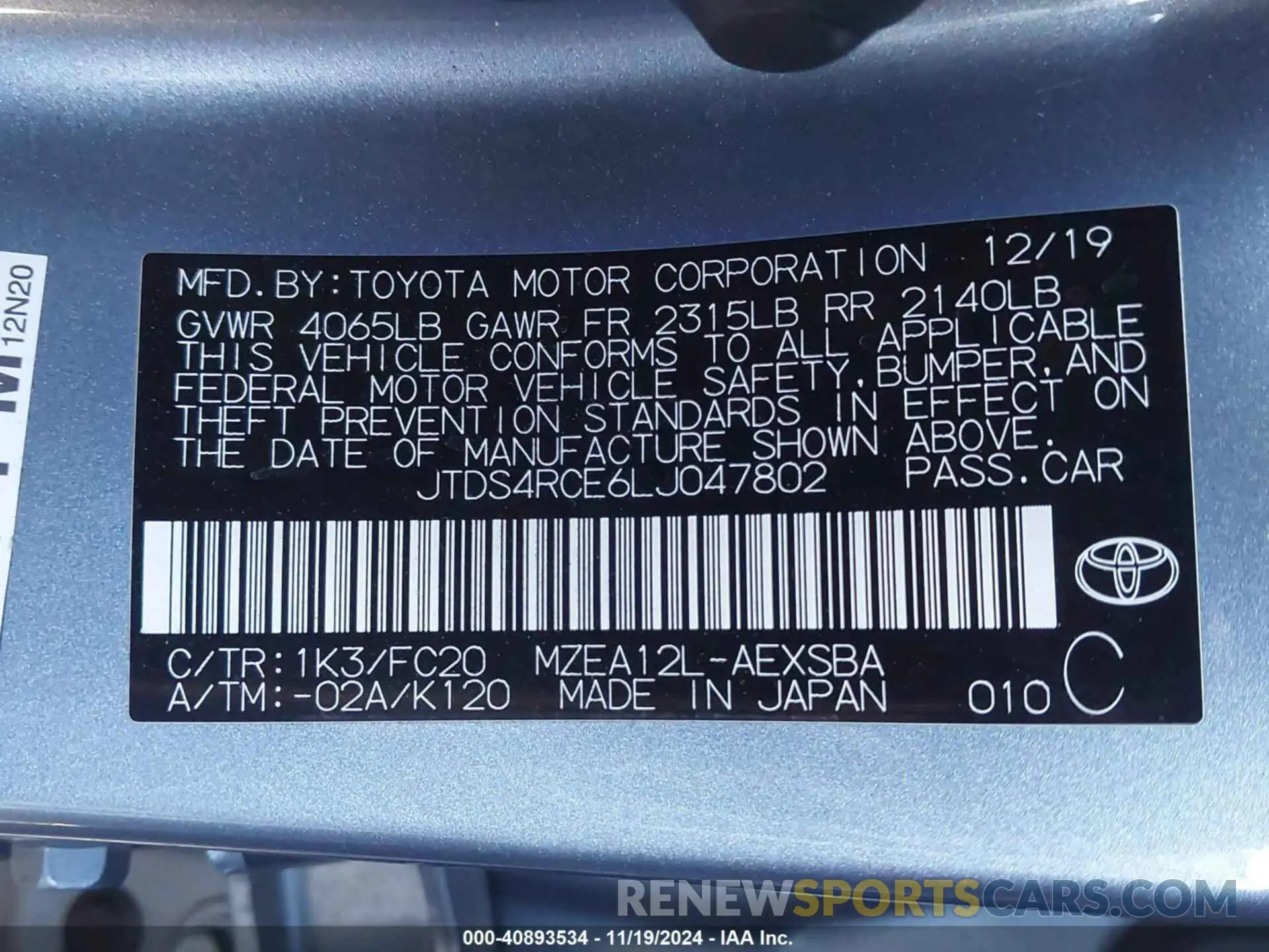 9 Фотография поврежденного автомобиля JTDS4RCE6LJ047802 TOYOTA COROLLA 2020