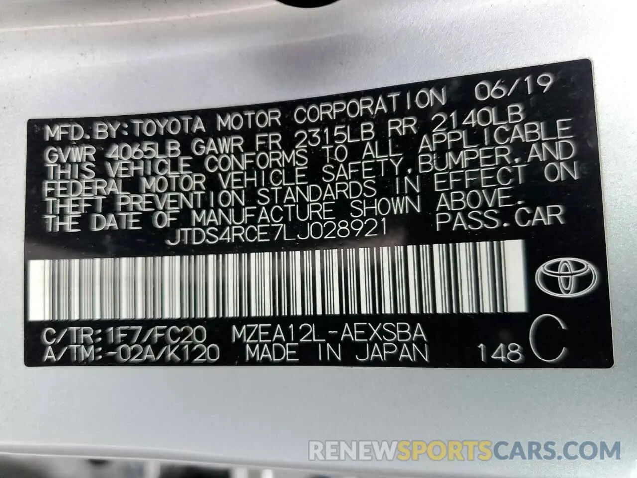 12 Photograph of a damaged car JTDS4RCE7LJ028921 TOYOTA COROLLA 2020