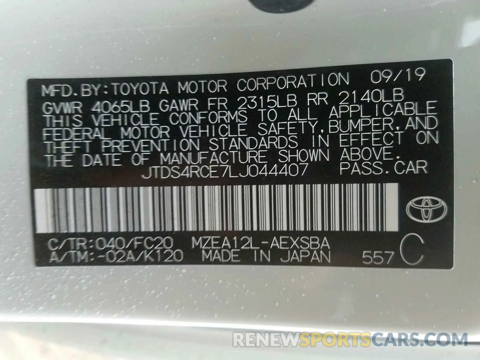 10 Photograph of a damaged car JTDS4RCE7LJ044407 TOYOTA COROLLA 2020