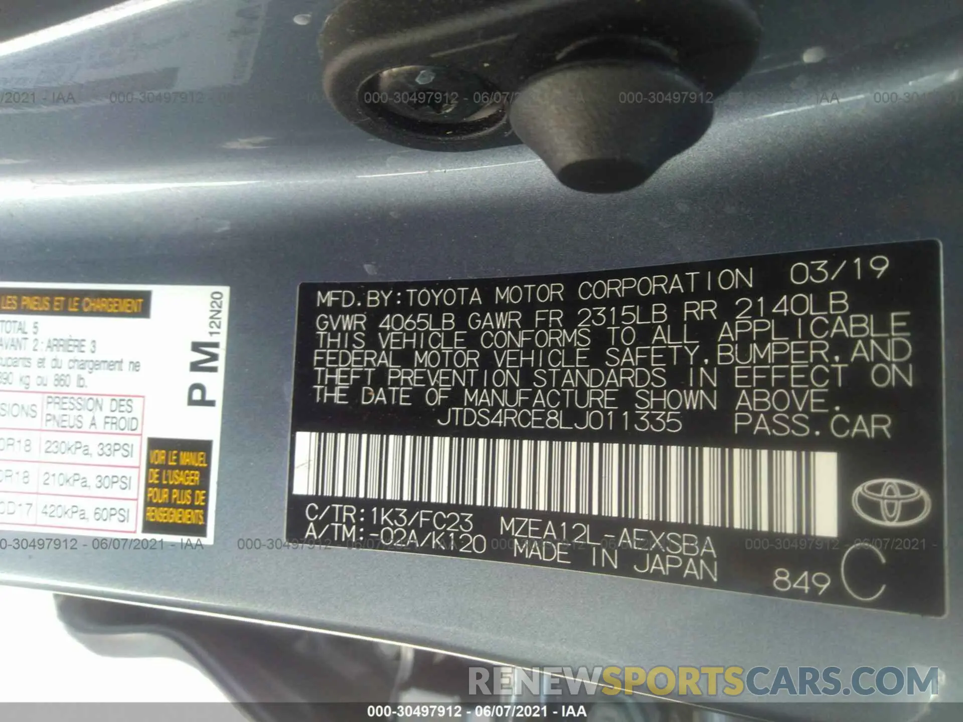 9 Photograph of a damaged car JTDS4RCE8LJ011335 TOYOTA COROLLA 2020