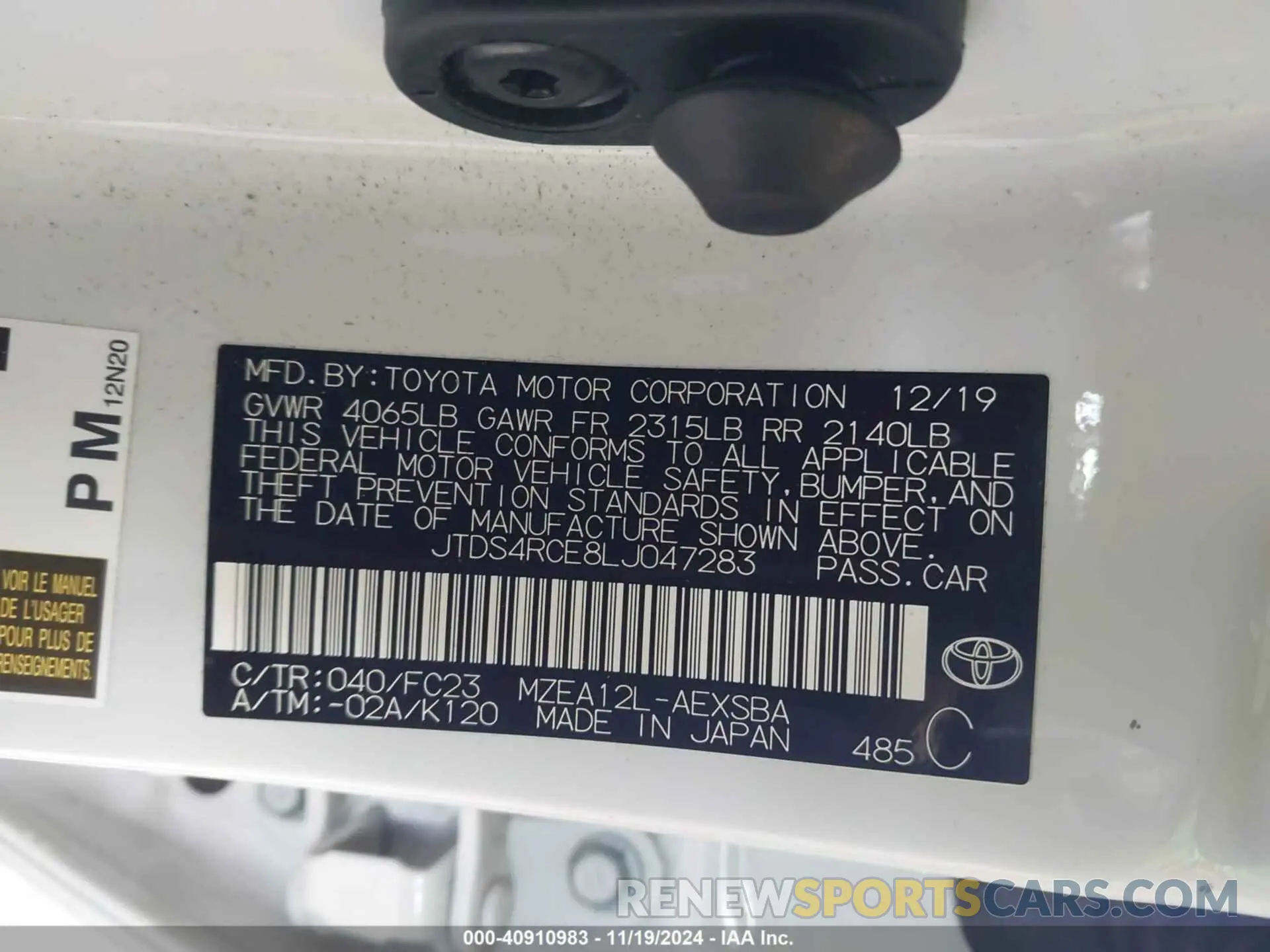 9 Photograph of a damaged car JTDS4RCE8LJ047283 TOYOTA COROLLA 2020
