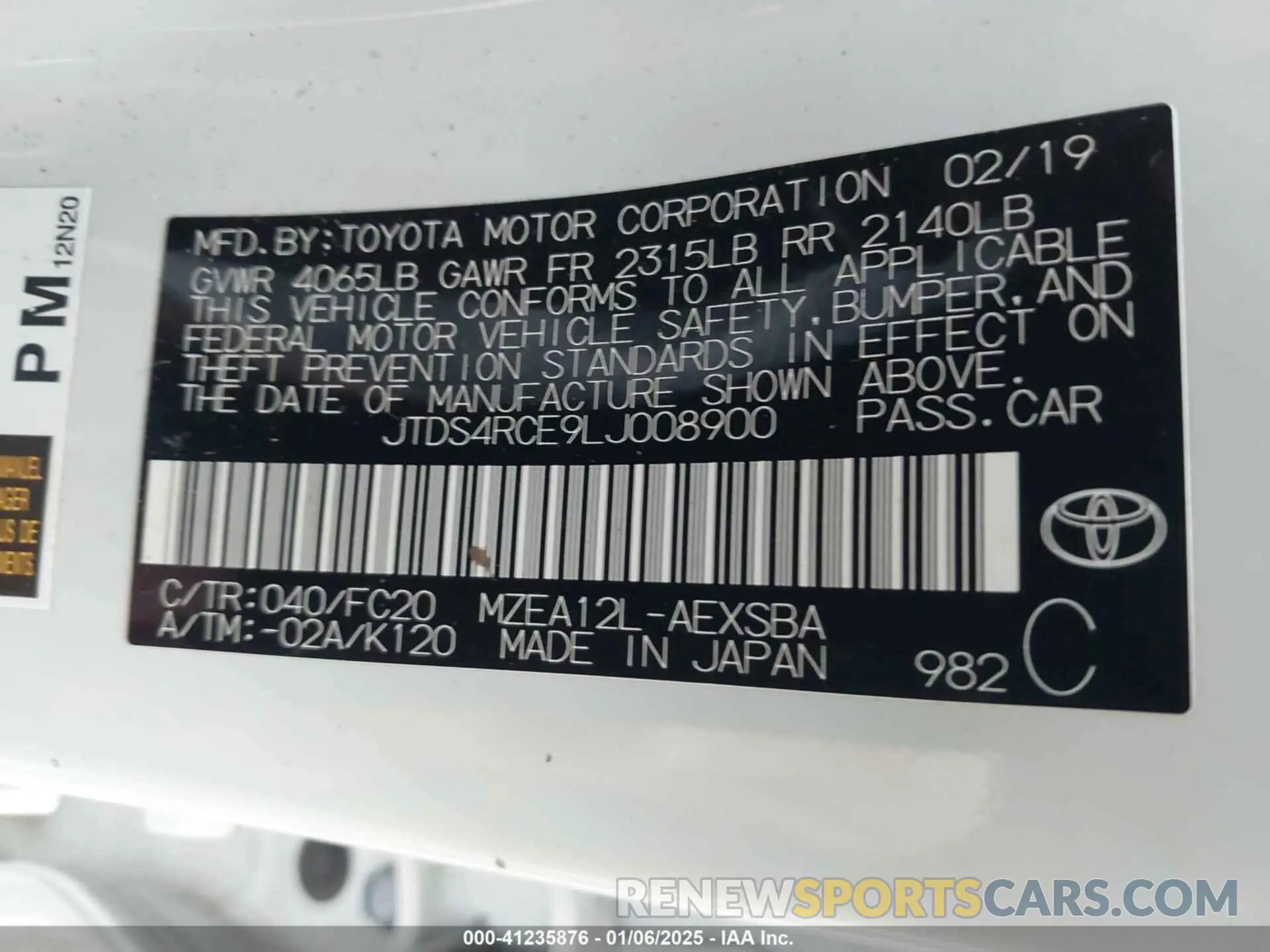 9 Photograph of a damaged car JTDS4RCE9LJ008900 TOYOTA COROLLA 2020
