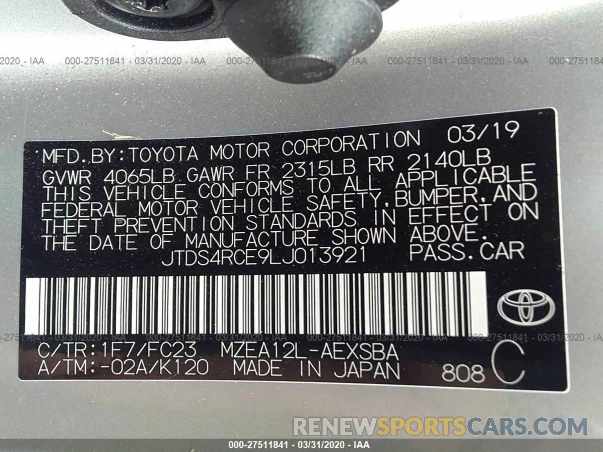 9 Photograph of a damaged car JTDS4RCE9LJ013921 TOYOTA COROLLA 2020
