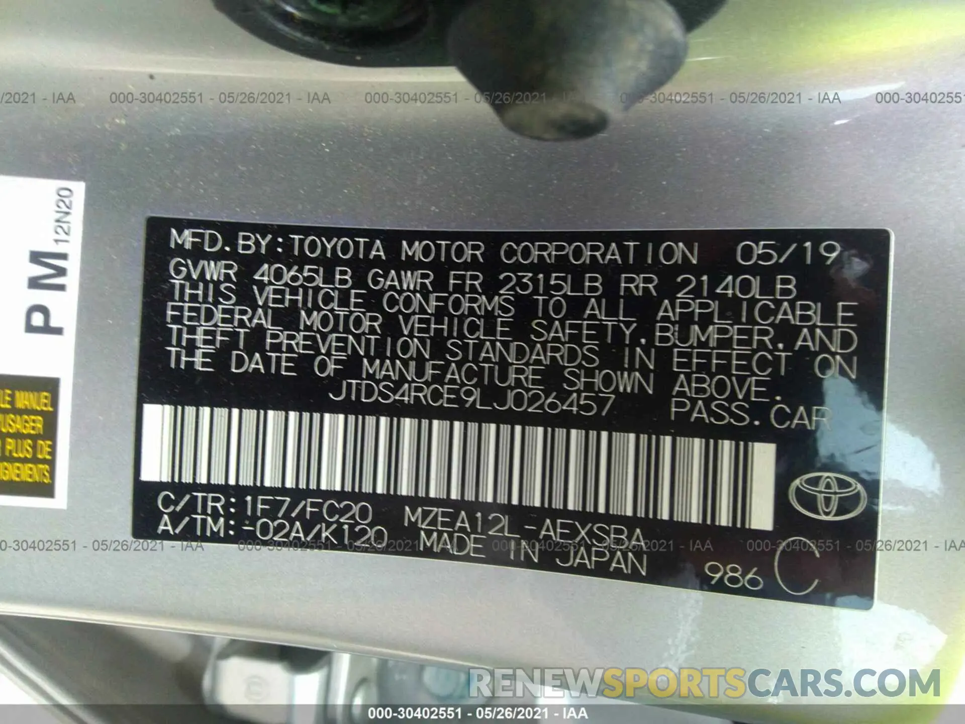 9 Photograph of a damaged car JTDS4RCE9LJ026457 TOYOTA COROLLA 2020