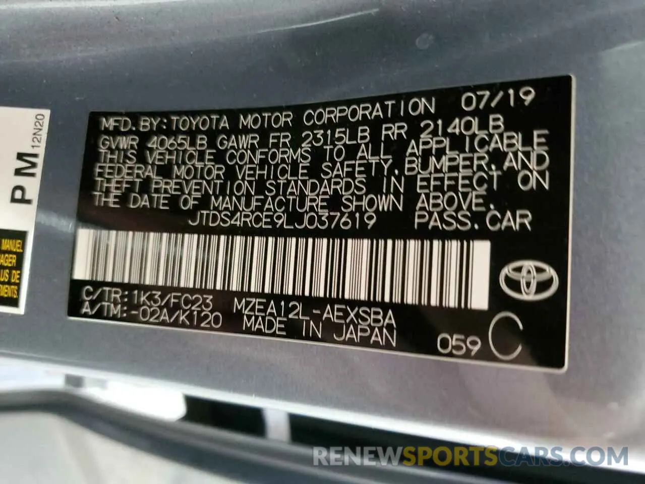 12 Фотография поврежденного автомобиля JTDS4RCE9LJ037619 TOYOTA COROLLA 2020