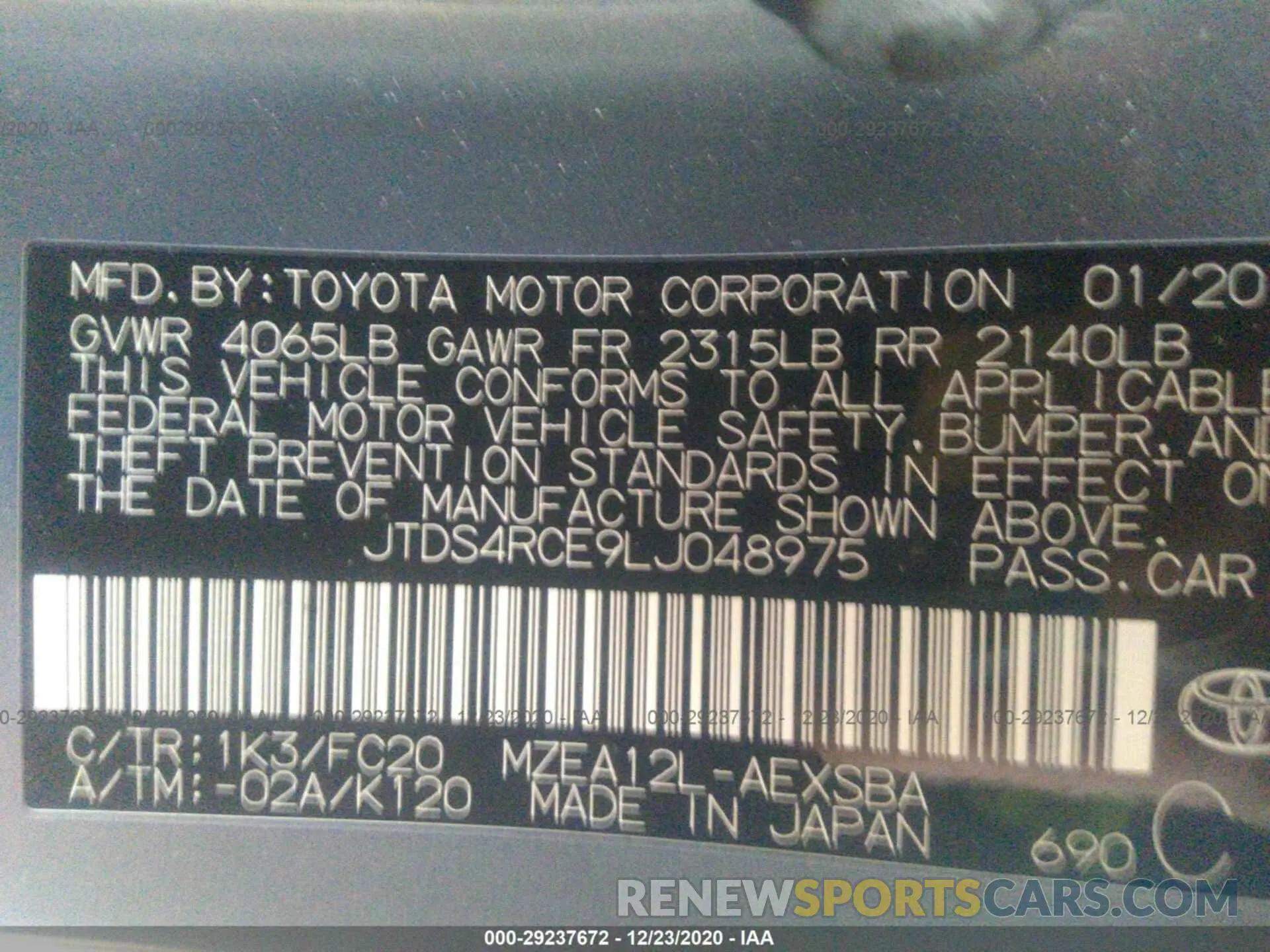 9 Photograph of a damaged car JTDS4RCE9LJ048975 TOYOTA COROLLA 2020