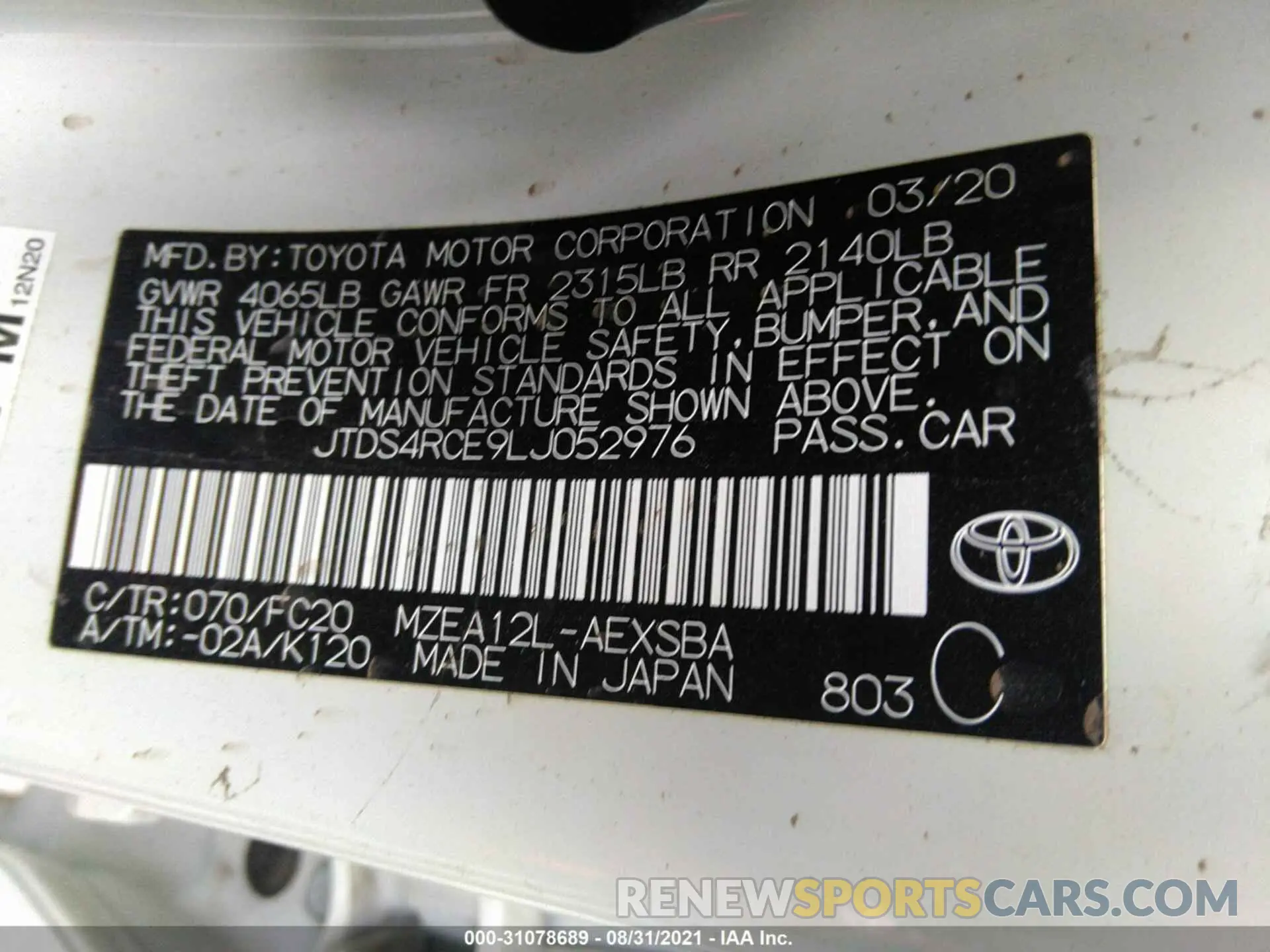 9 Photograph of a damaged car JTDS4RCE9LJ052976 TOYOTA COROLLA 2020