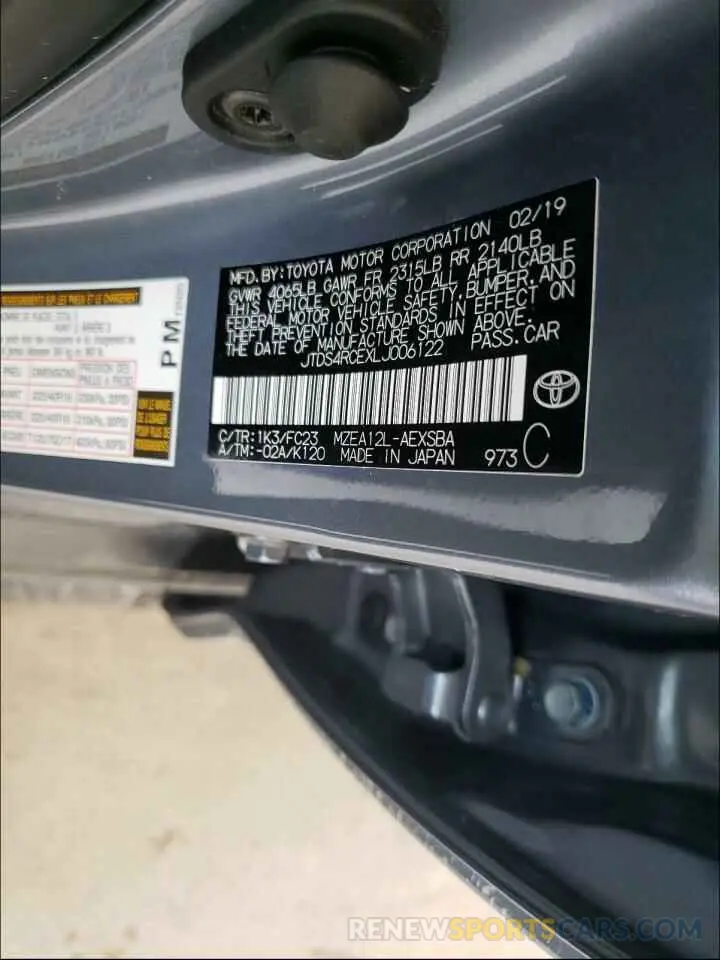 10 Photograph of a damaged car JTDS4RCEXLJ006122 TOYOTA COROLLA 2020