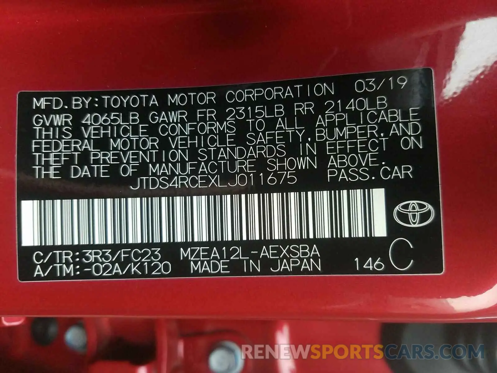 10 Photograph of a damaged car JTDS4RCEXLJ011675 TOYOTA COROLLA 2020