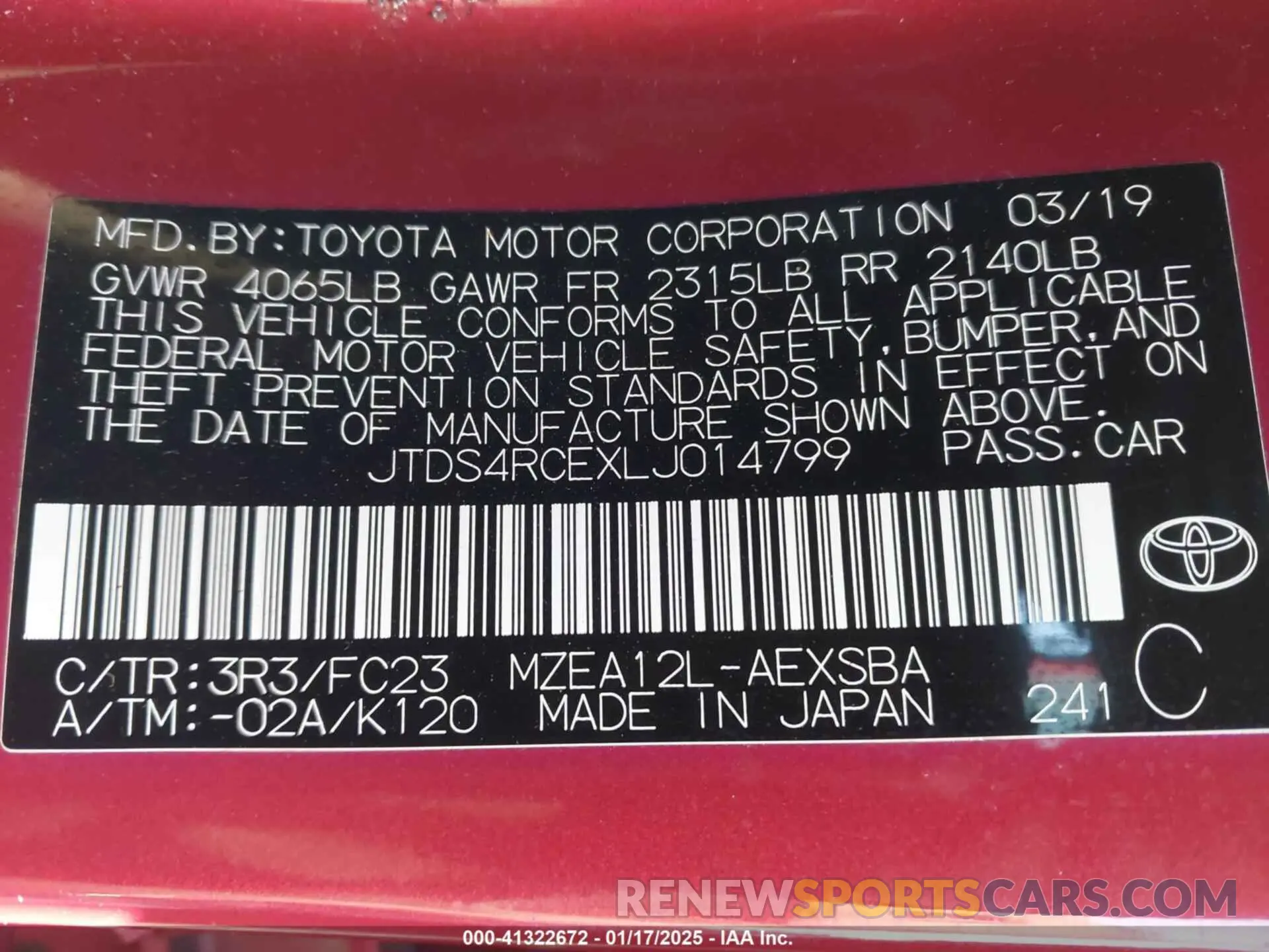 9 Фотография поврежденного автомобиля JTDS4RCEXLJ014799 TOYOTA COROLLA 2020
