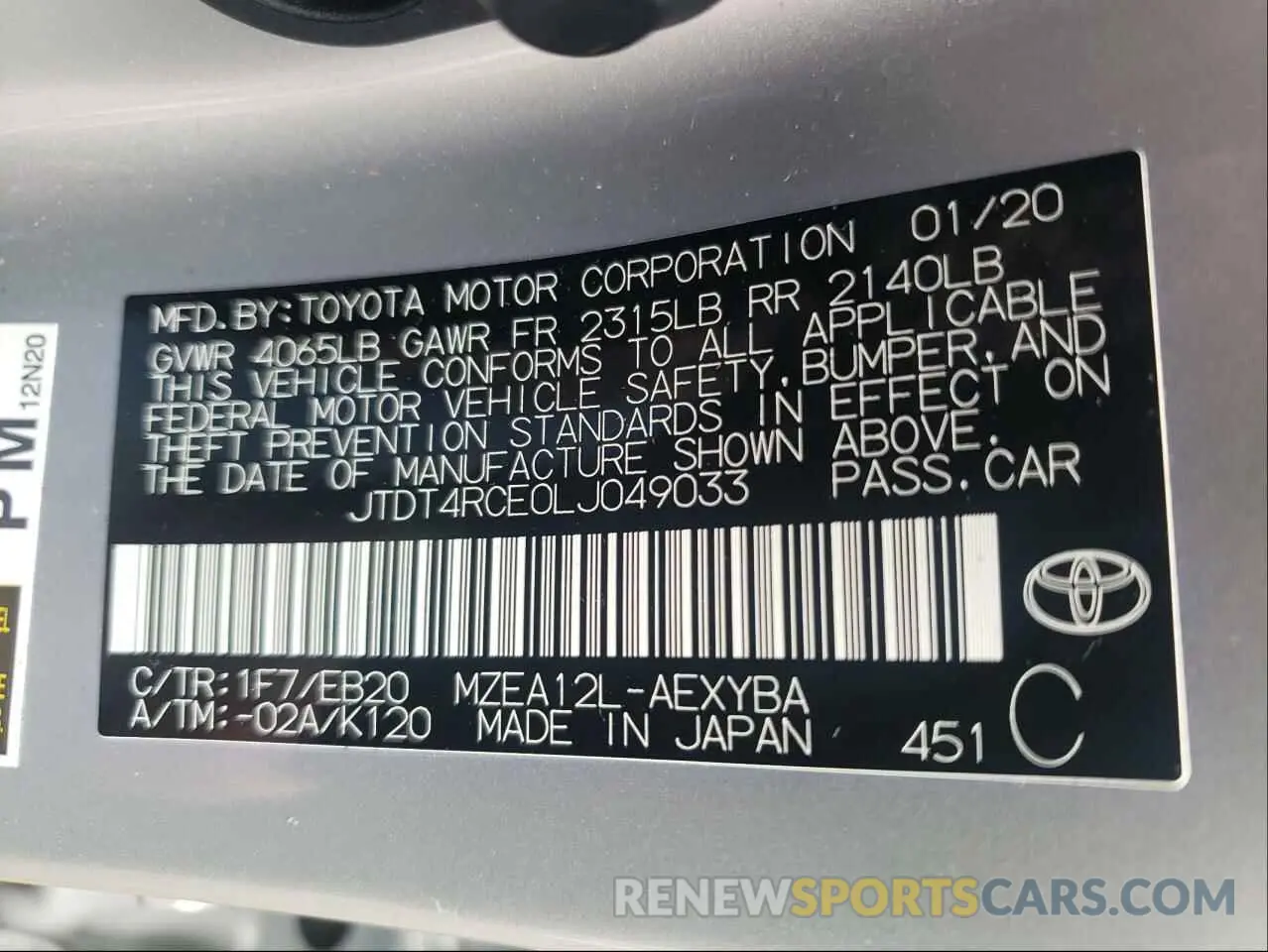 10 Photograph of a damaged car JTDT4RCE0LJ049033 TOYOTA COROLLA 2020