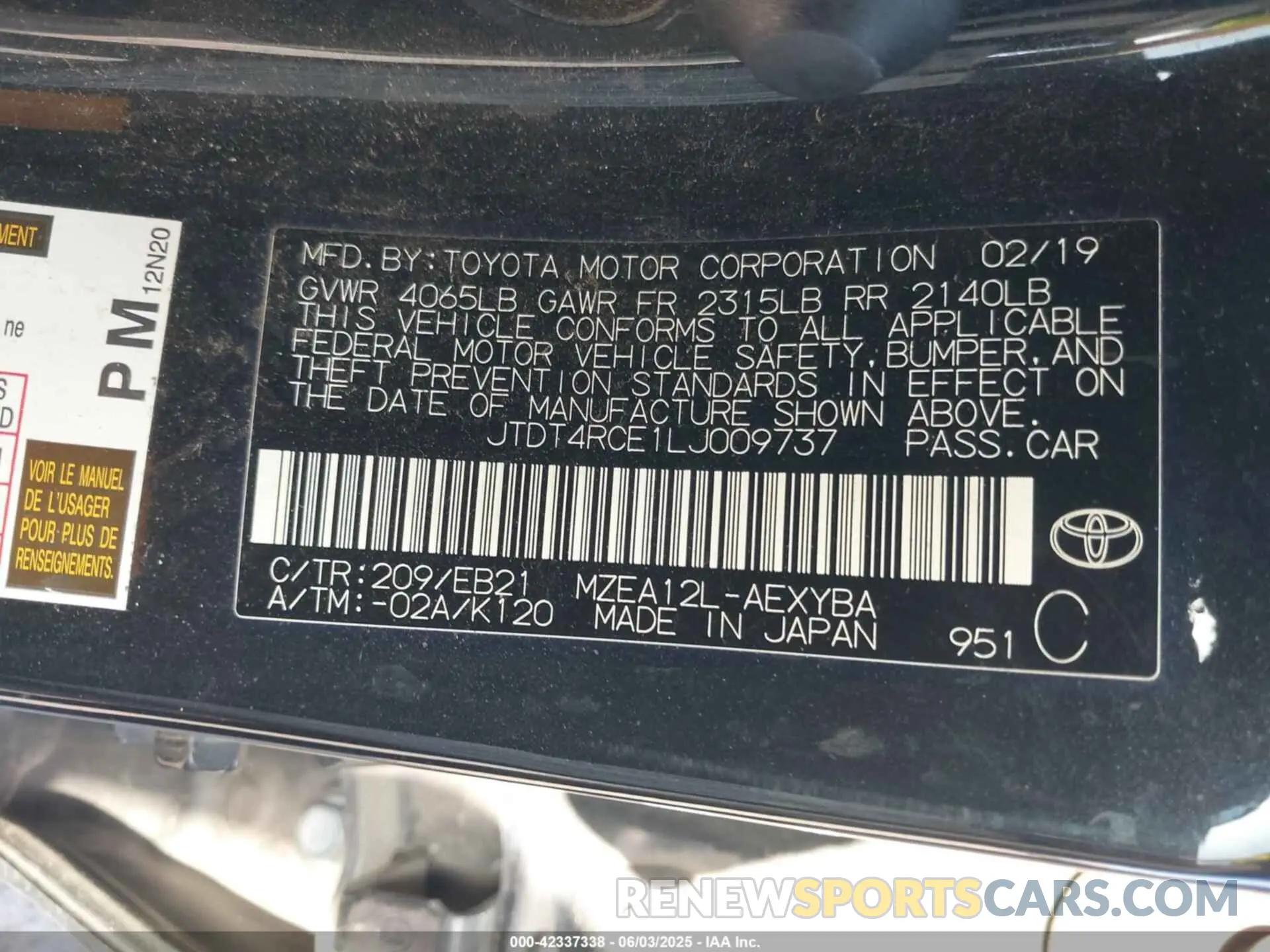 9 Photograph of a damaged car JTDT4RCE1LJ009737 TOYOTA COROLLA 2020
