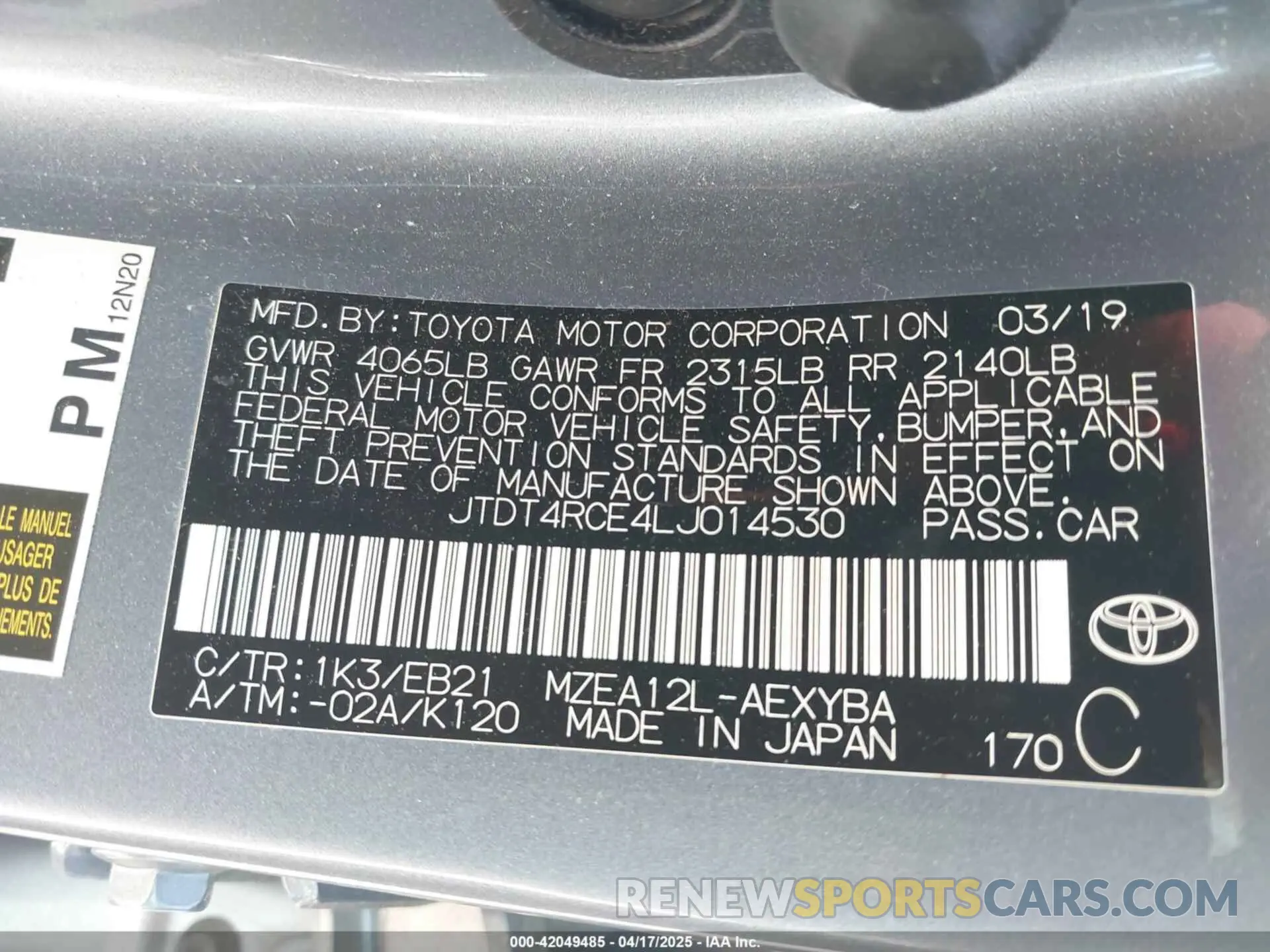 9 Фотография поврежденного автомобиля JTDT4RCE4LJ014530 TOYOTA COROLLA 2020