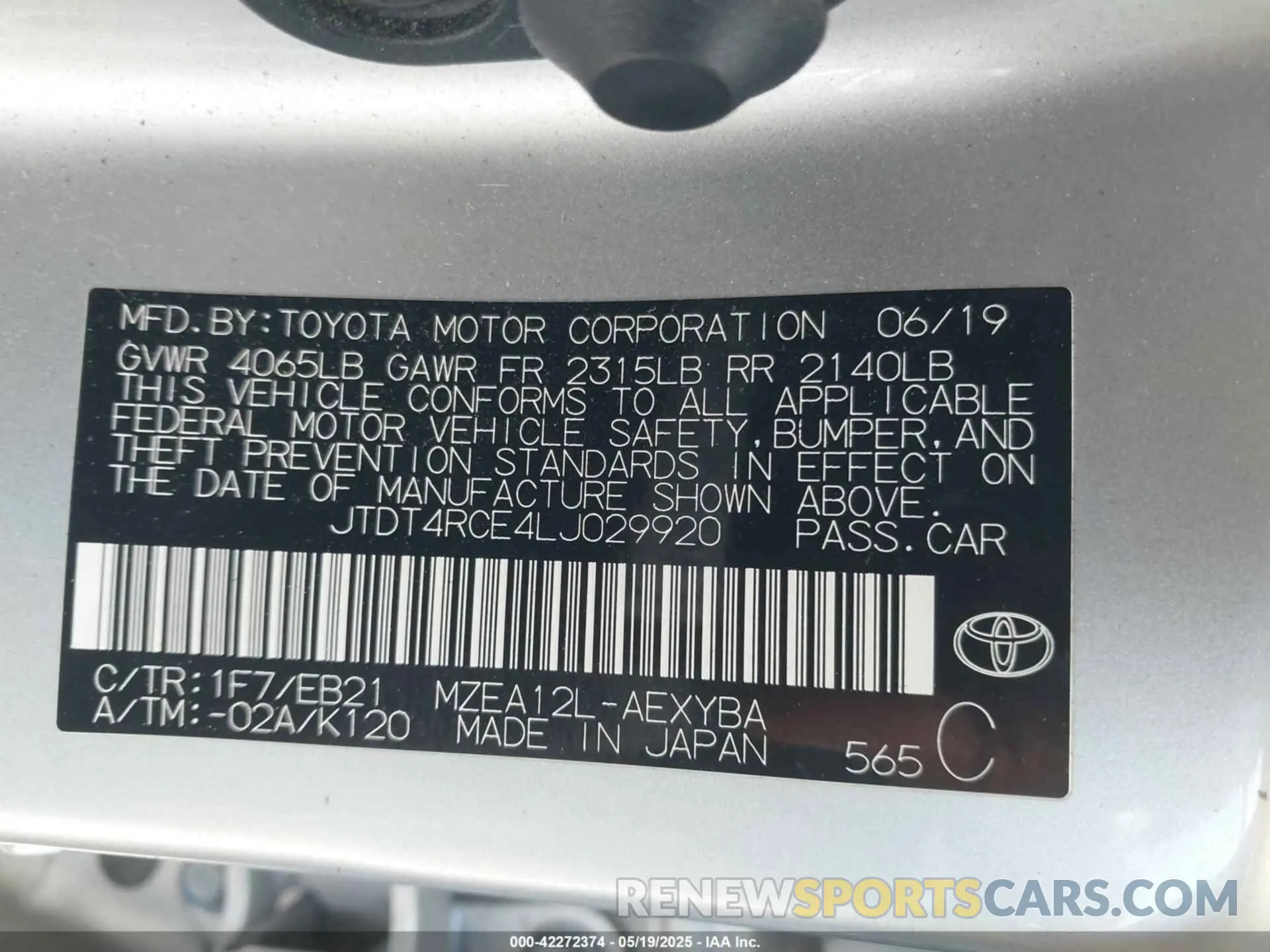 9 Photograph of a damaged car JTDT4RCE4LJ029920 TOYOTA COROLLA 2020