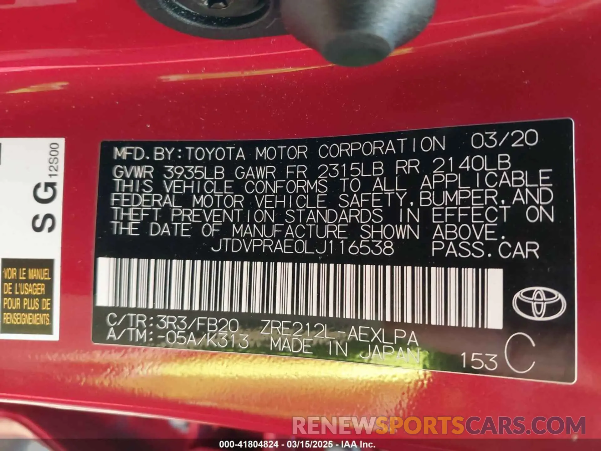 9 Фотография поврежденного автомобиля JTDVPRAE0LJ116538 TOYOTA COROLLA 2020