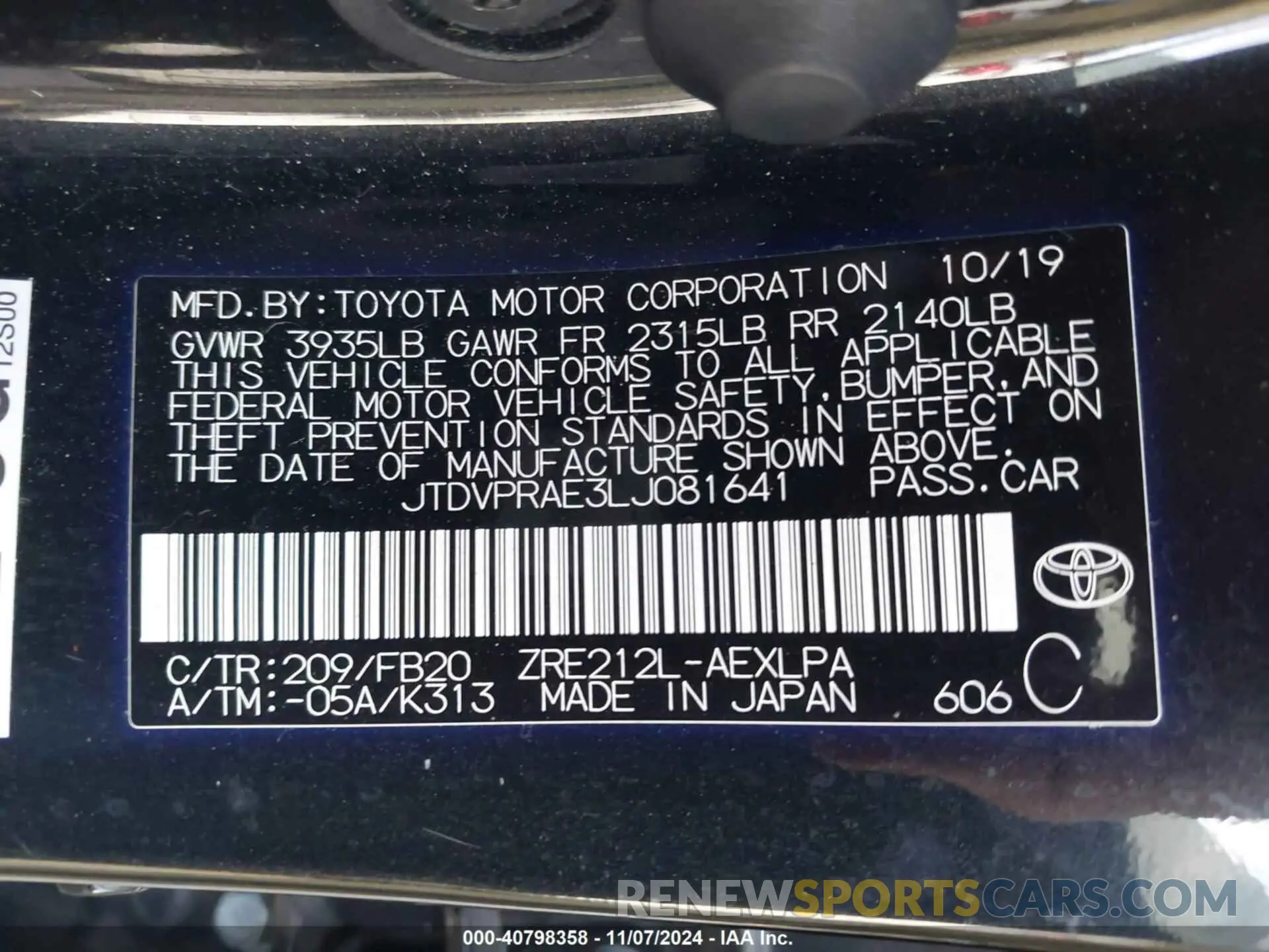 9 Photograph of a damaged car JTDVPRAE3LJ081641 TOYOTA COROLLA 2020