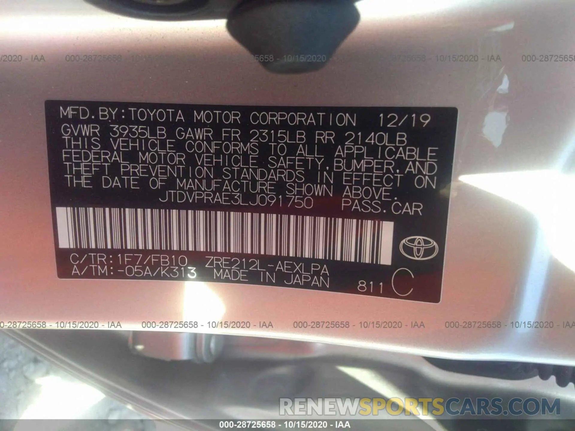9 Photograph of a damaged car JTDVPRAE3LJ091750 TOYOTA COROLLA 2020