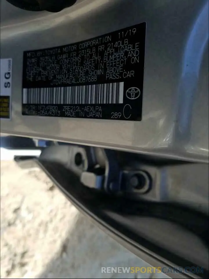 10 Photograph of a damaged car JTDVPRAE4LJ087688 TOYOTA COROLLA 2020