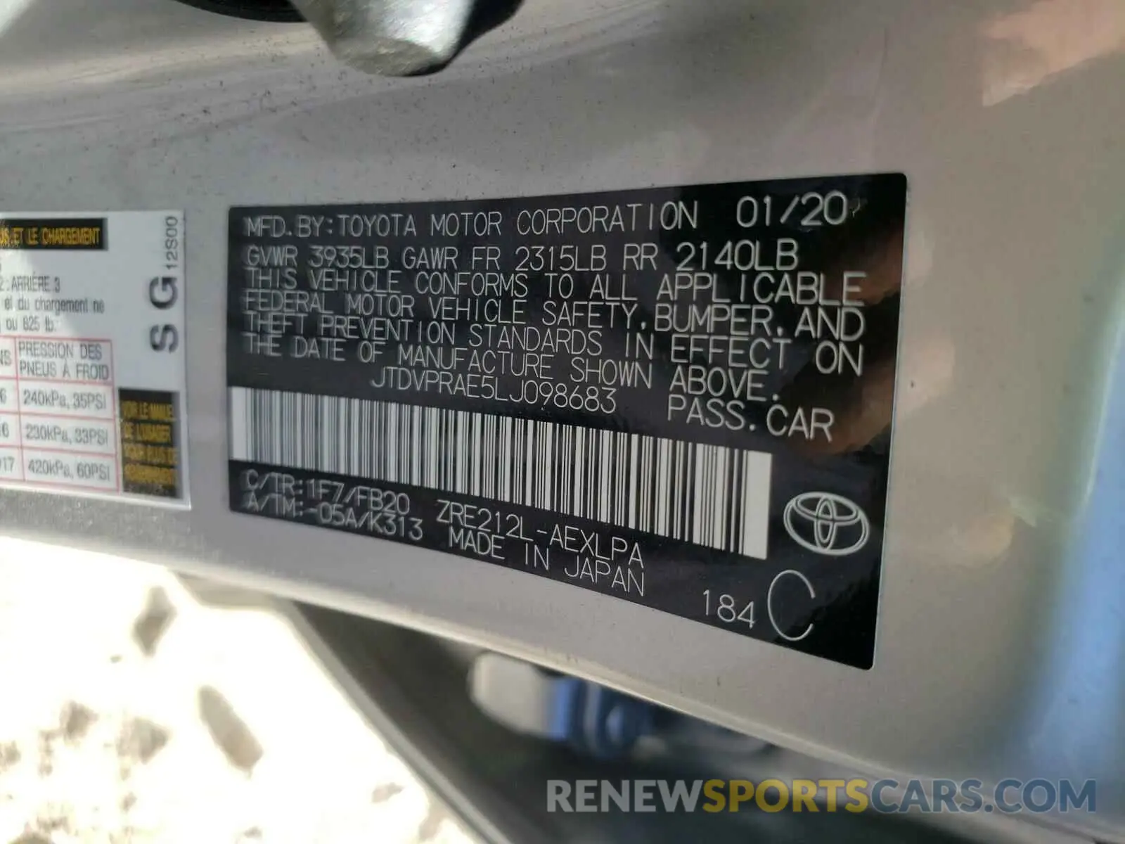 10 Photograph of a damaged car JTDVPRAE5LJ098683 TOYOTA COROLLA 2020