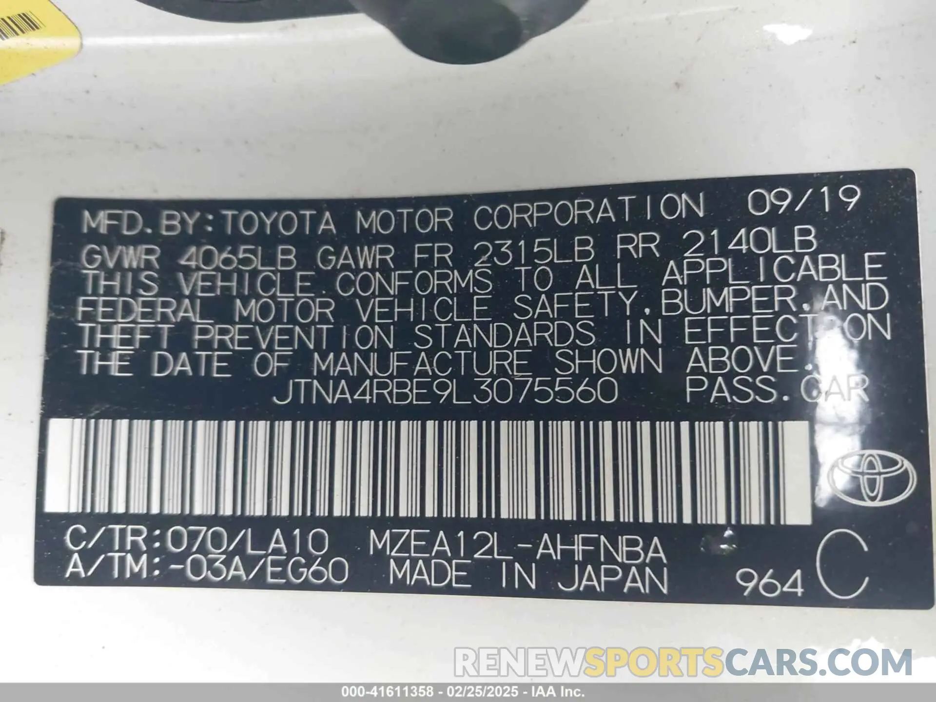 9 Фотография поврежденного автомобиля JTNA4RBE9L3075560 TOYOTA COROLLA 2020