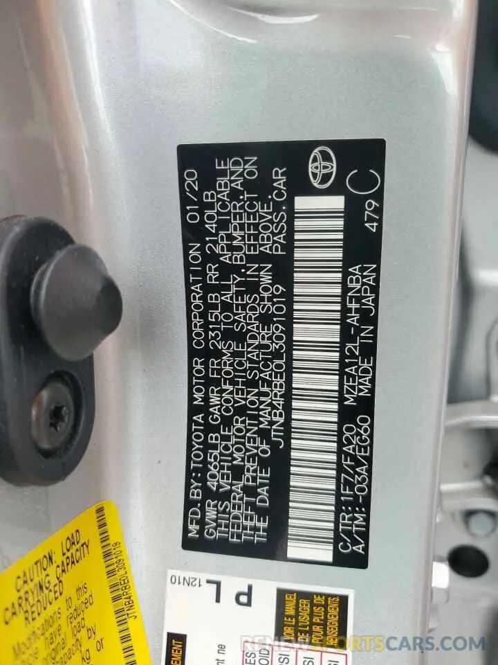 13 Фотография поврежденного автомобиля JTNB4RBE0L3091019 TOYOTA COROLLA 2020