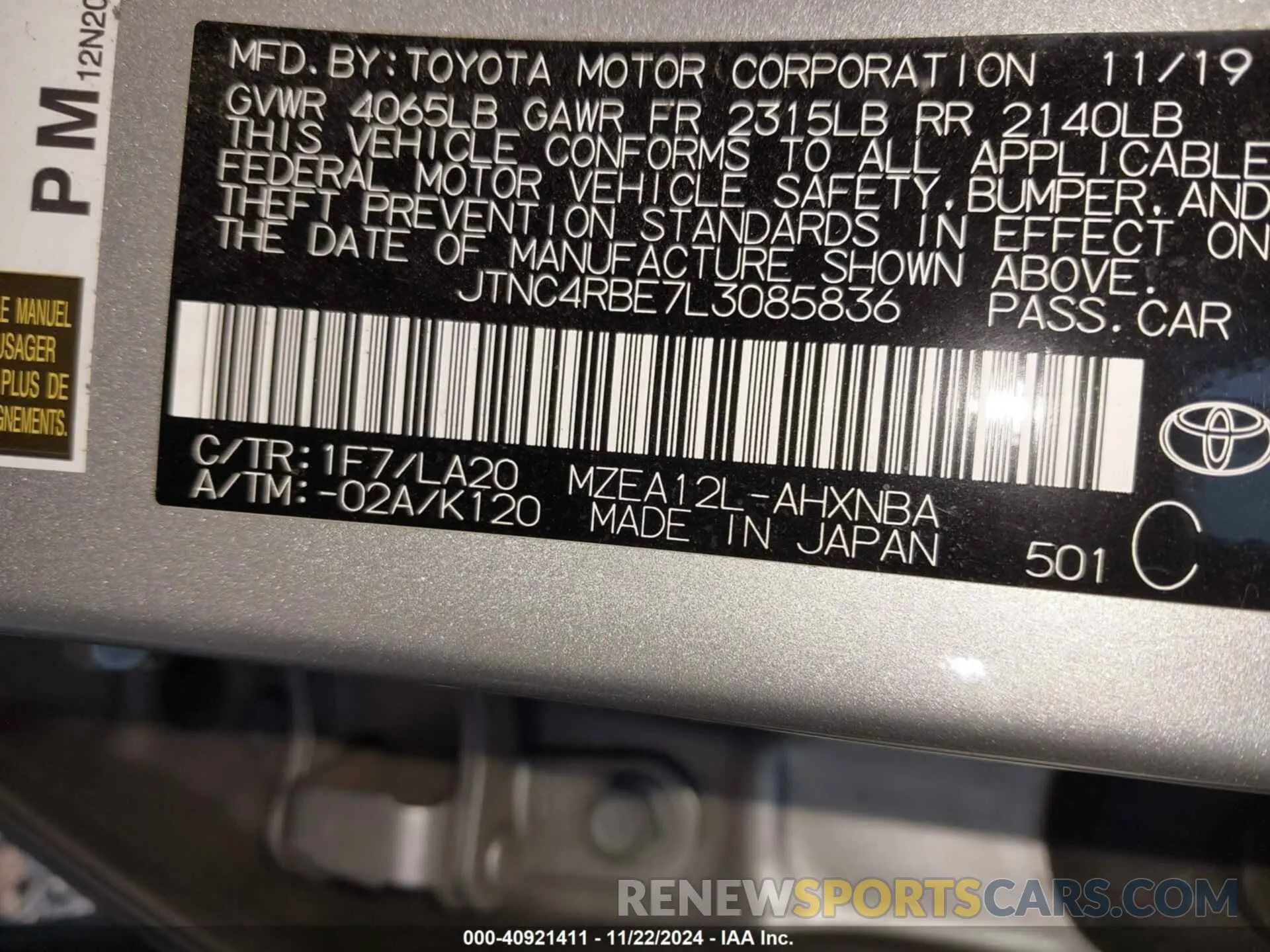 9 Photograph of a damaged car JTNC4RBE7L3085836 TOYOTA COROLLA 2020