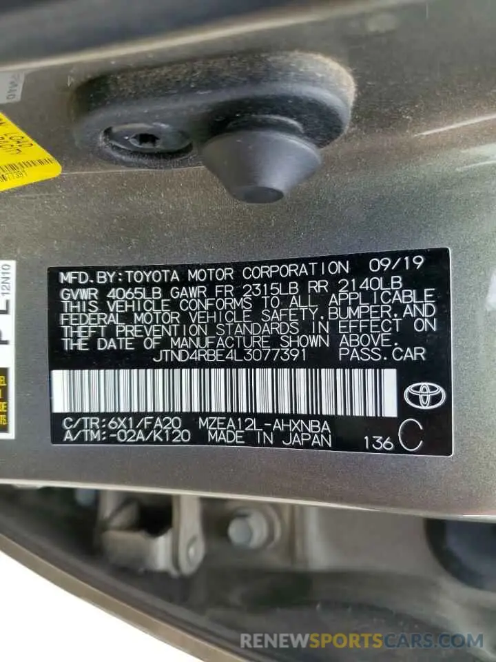 12 Фотография поврежденного автомобиля JTND4RBE4L3077391 TOYOTA COROLLA 2020