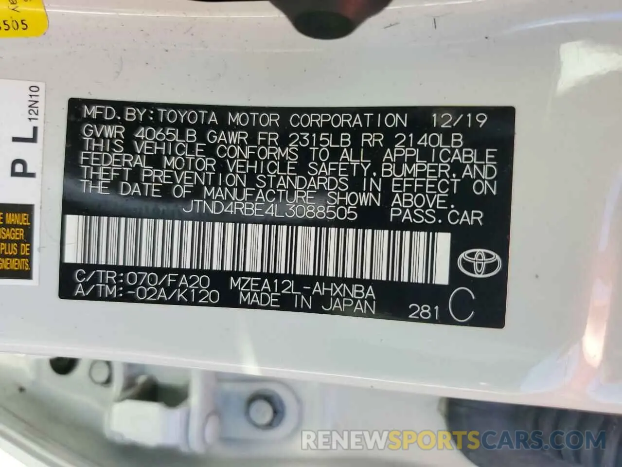 13 Фотография поврежденного автомобиля JTND4RBE4L3088505 TOYOTA COROLLA 2020