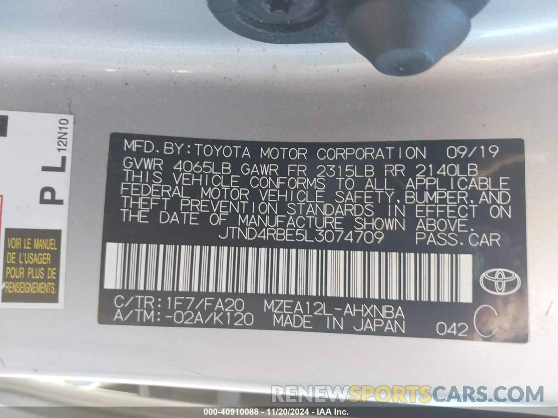 9 Фотография поврежденного автомобиля JTND4RBE5L3074709 TOYOTA COROLLA 2020
