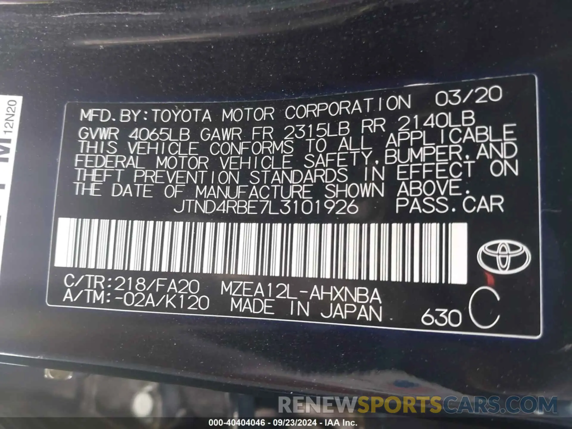9 Photograph of a damaged car JTND4RBE7L3101926 TOYOTA COROLLA 2020