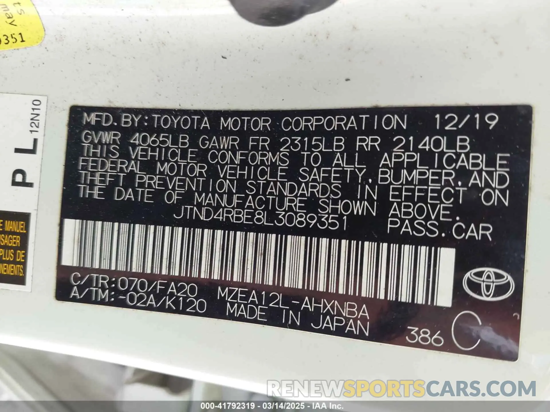 9 Фотография поврежденного автомобиля JTND4RBE8L3089351 TOYOTA COROLLA 2020