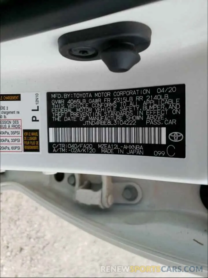 10 Photograph of a damaged car JTND4RBE8L3104222 TOYOTA COROLLA 2020