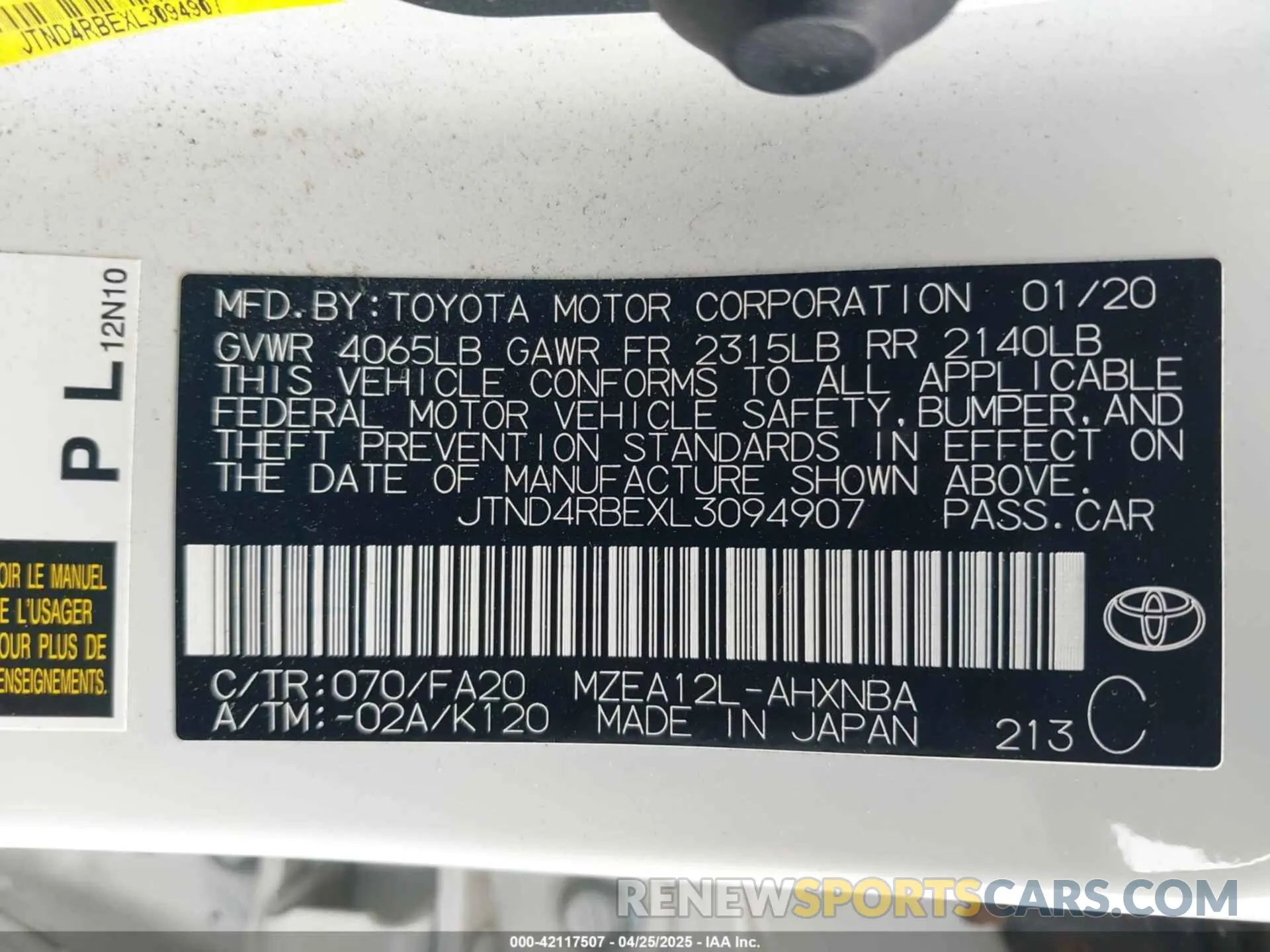 9 Фотография поврежденного автомобиля JTND4RBEXL3094907 TOYOTA COROLLA 2020