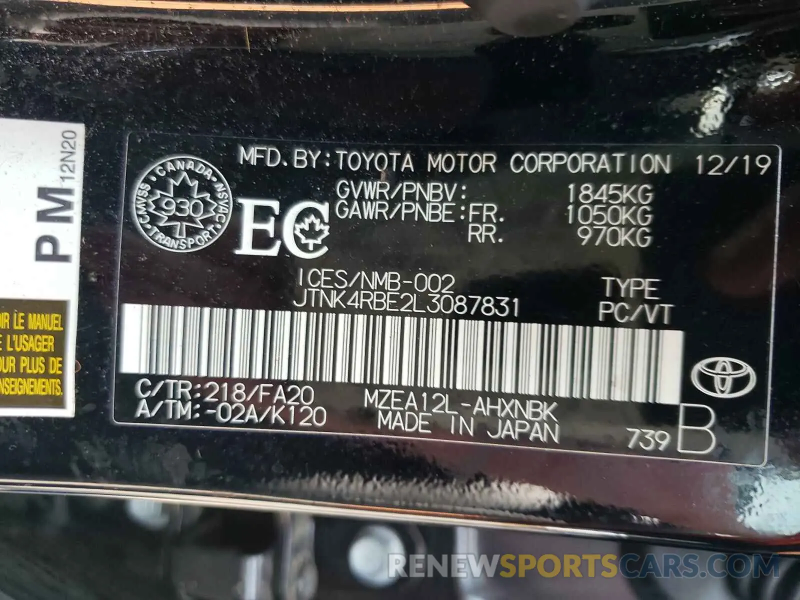 10 Фотография поврежденного автомобиля JTNK4RBE2L3087831 TOYOTA COROLLA 2020