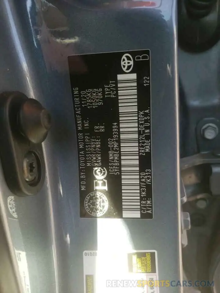10 Photograph of a damaged car 5YFBPMBE2MP193994 TOYOTA COROLLA 2021