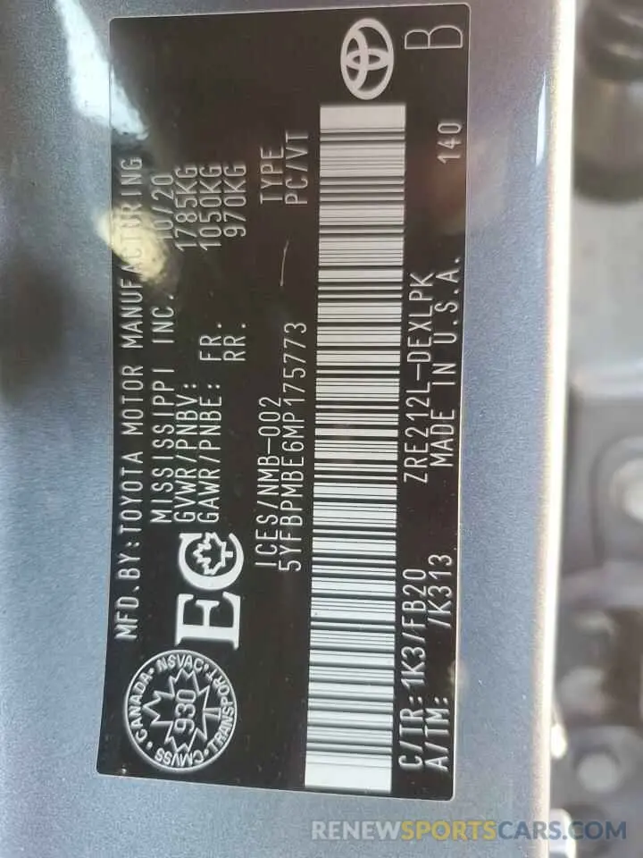 12 Фотография поврежденного автомобиля 5YFBPMBE6MP175773 TOYOTA COROLLA 2021