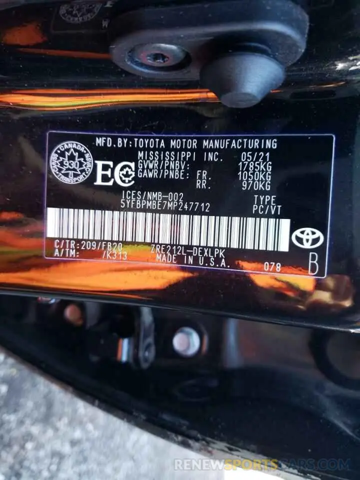 10 Photograph of a damaged car 5YFBPMBE7MP247712 TOYOTA COROLLA 2021