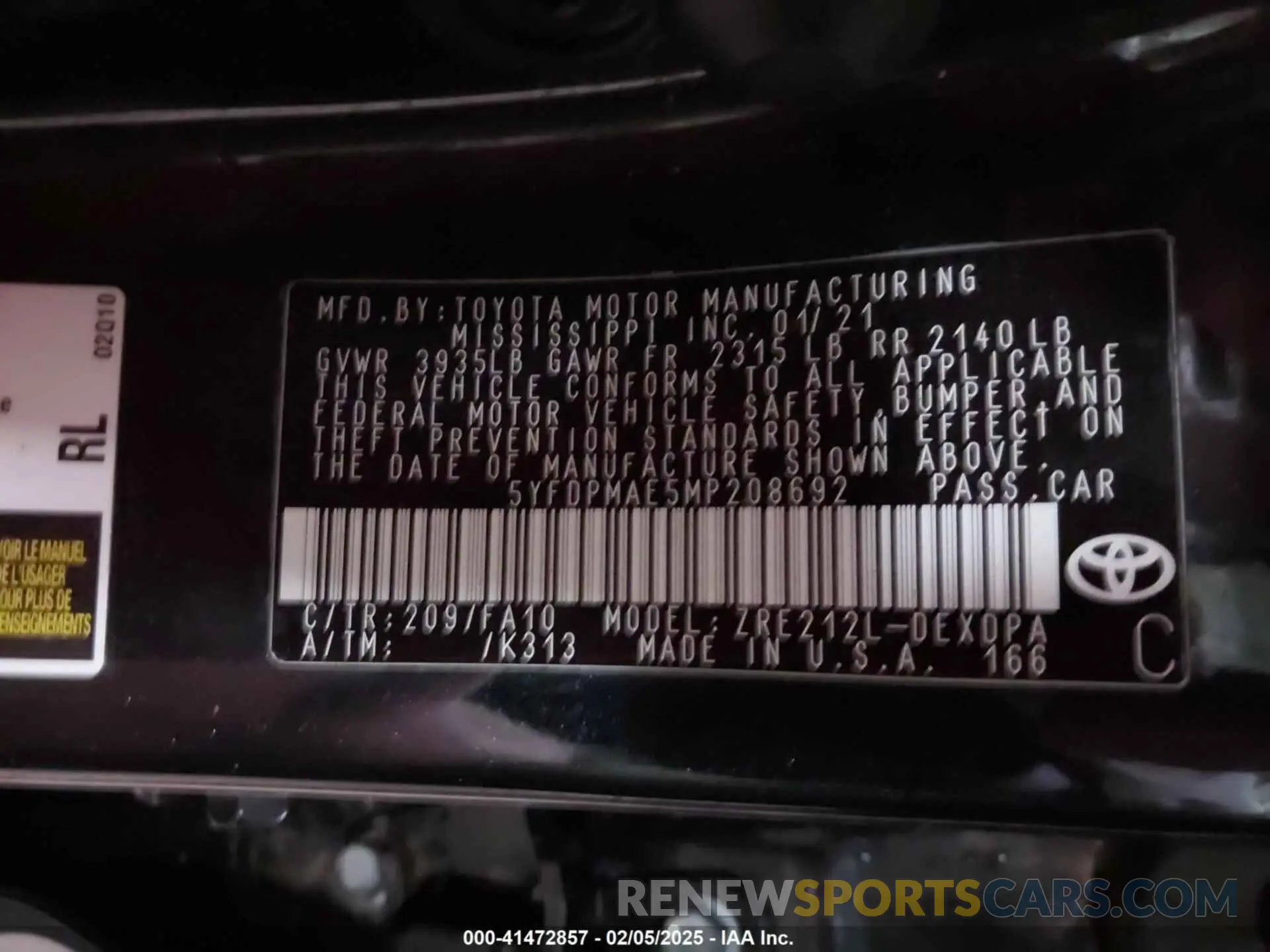 9 Фотография поврежденного автомобиля 5YFDPMAE5MP208692 TOYOTA COROLLA 2021