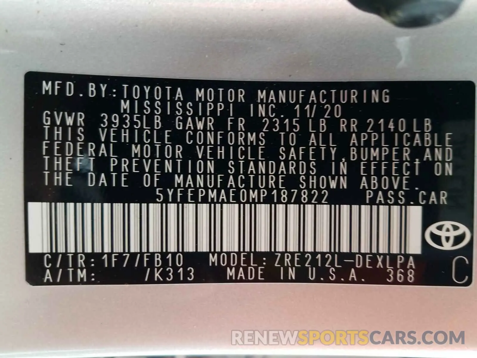 10 Photograph of a damaged car 5YFEPMAE0MP187822 TOYOTA COROLLA 2021