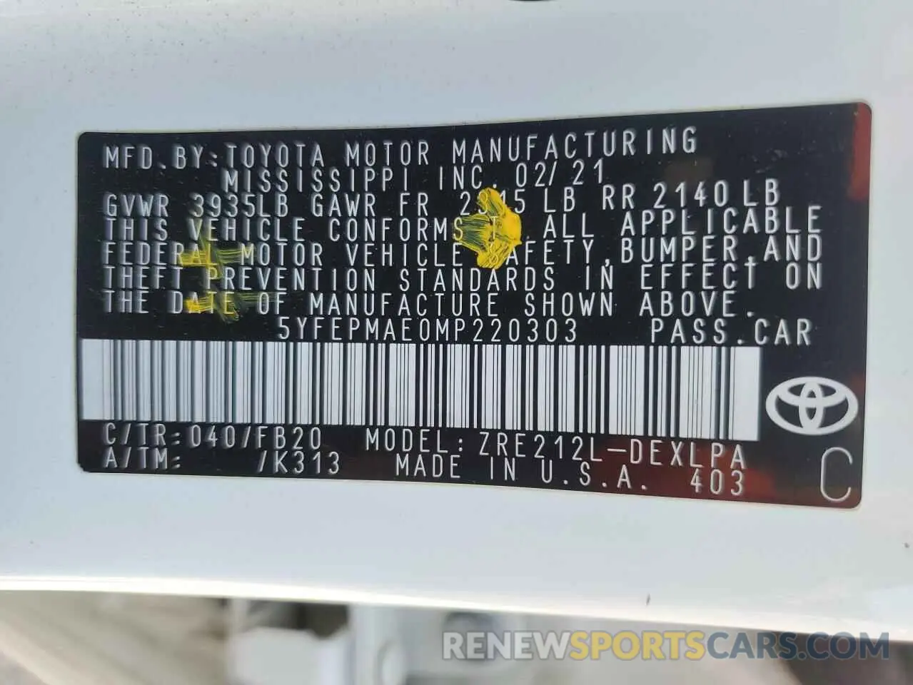 12 Photograph of a damaged car 5YFEPMAE0MP220303 TOYOTA COROLLA 2021