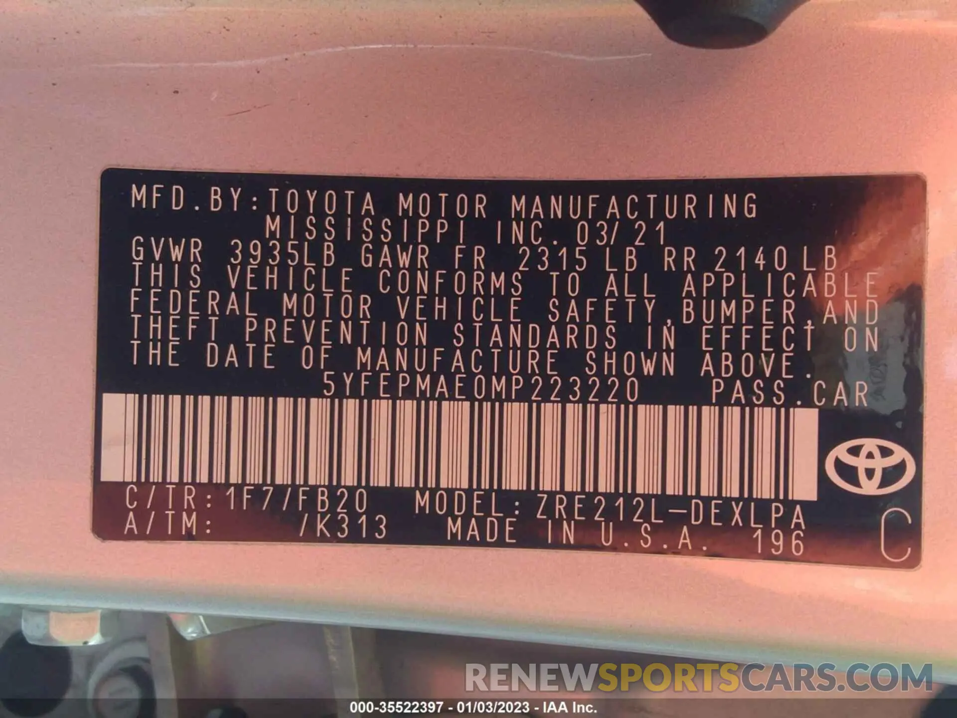 9 Photograph of a damaged car 5YFEPMAE0MP223220 TOYOTA COROLLA 2021