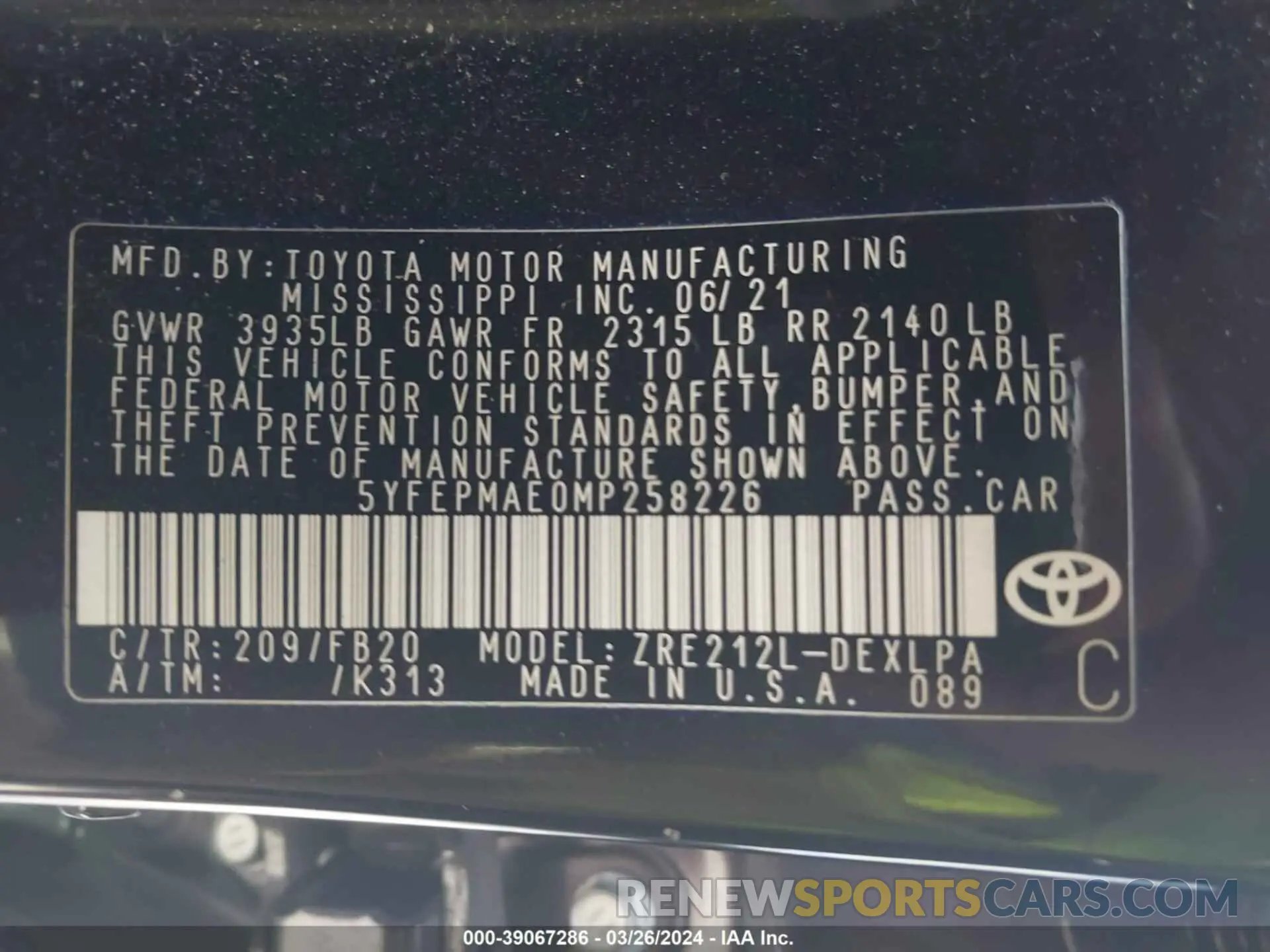 9 Фотография поврежденного автомобиля 5YFEPMAE0MP258226 TOYOTA COROLLA 2021