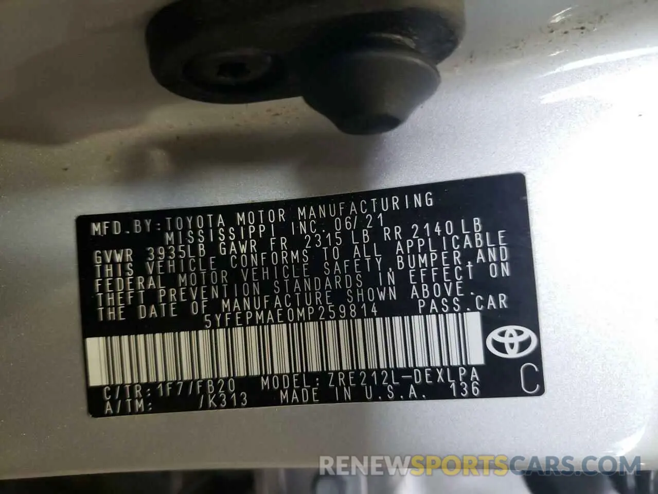 10 Photograph of a damaged car 5YFEPMAE0MP259814 TOYOTA COROLLA 2021