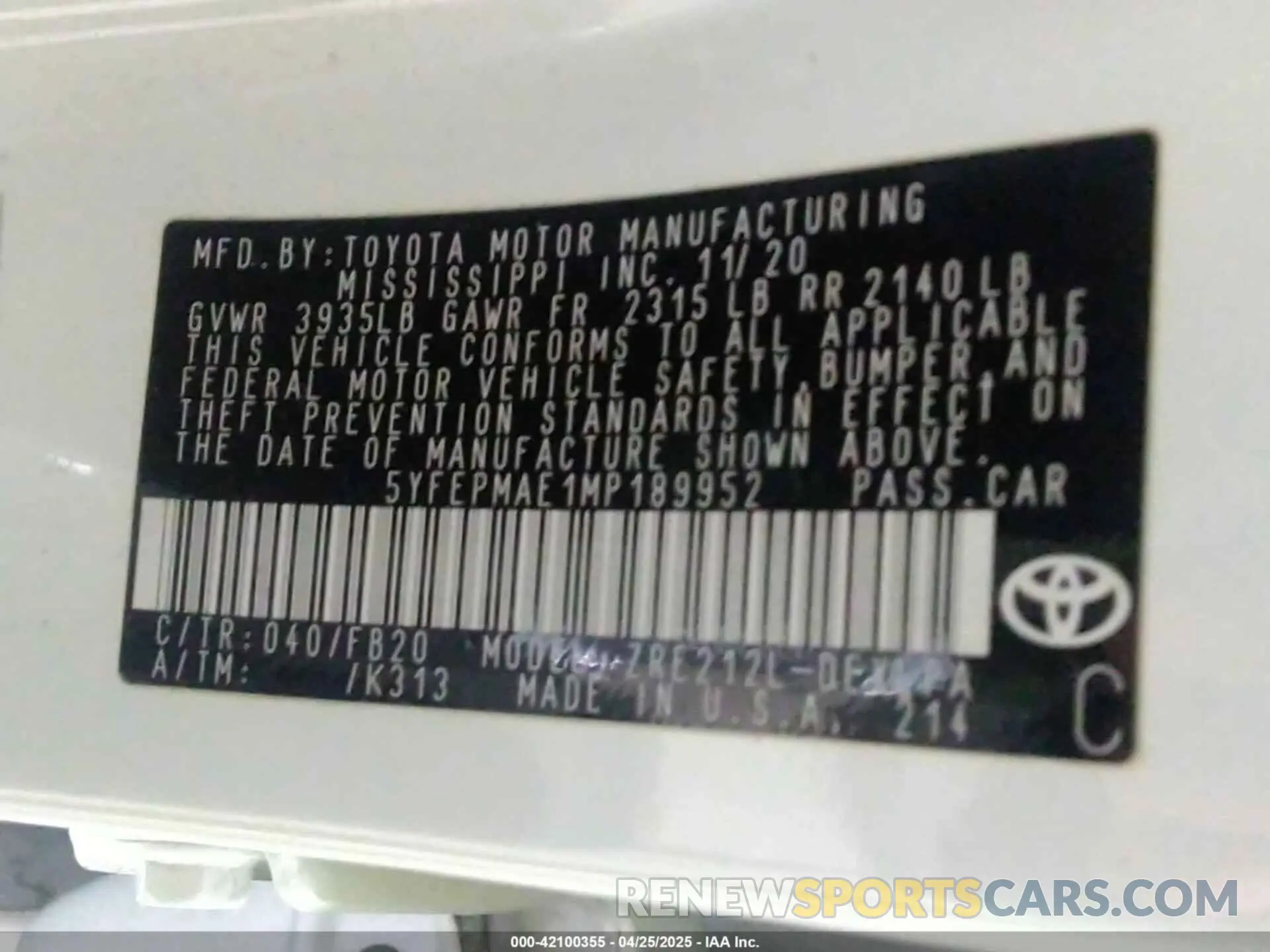 9 Фотография поврежденного автомобиля 5YFEPMAE1MP189952 TOYOTA COROLLA 2021
