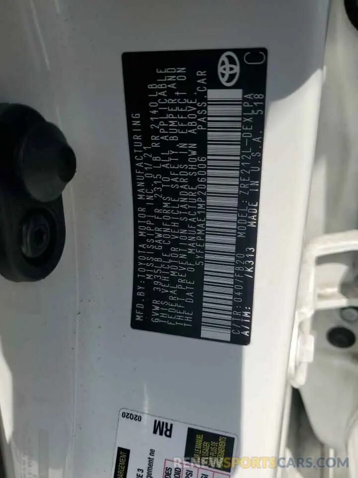13 Фотография поврежденного автомобиля 5YFEPMAE1MP206006 TOYOTA COROLLA 2021